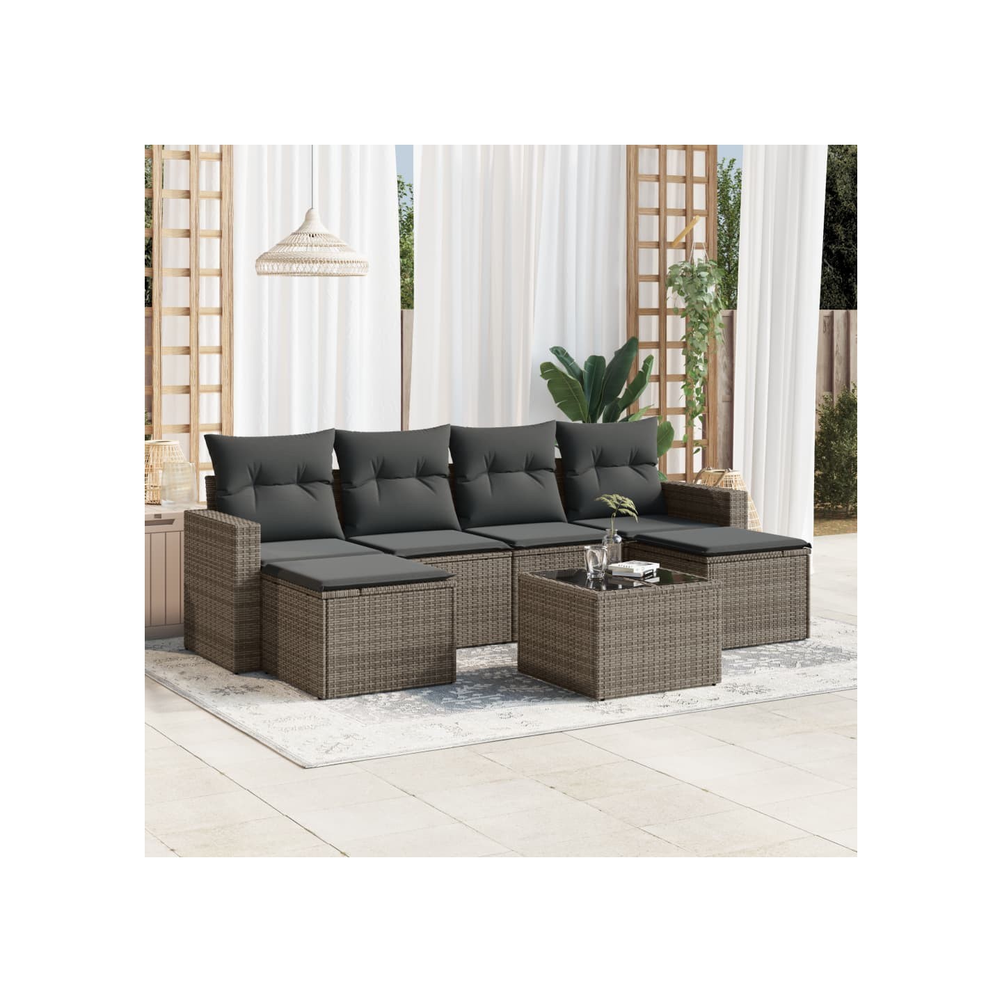Salon de jardin avec coussins 7 pcs gris résine tressée