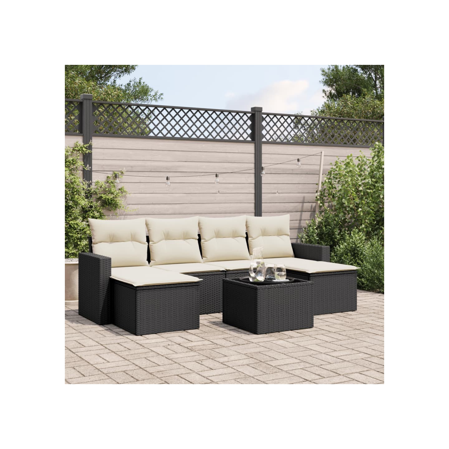 Salon de jardin 7 pcs avec coussins noir résine tressée