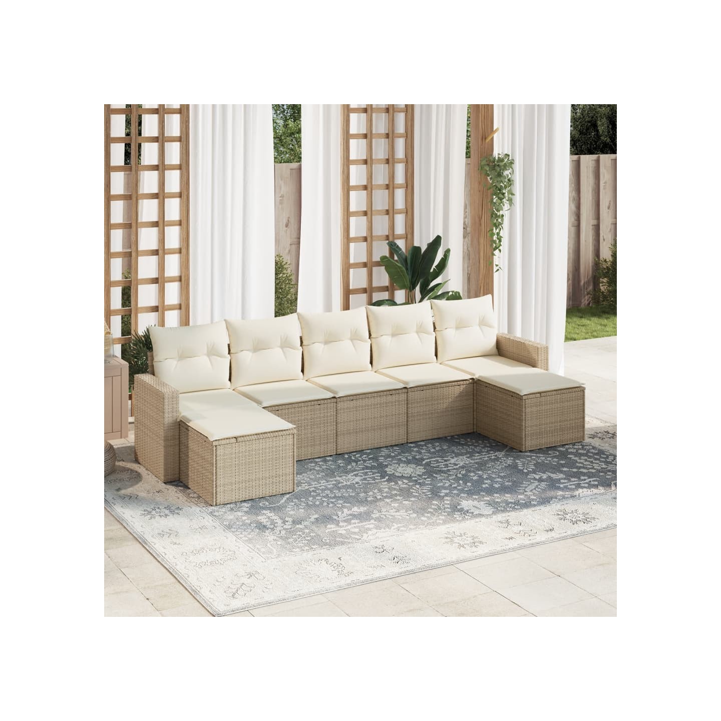 Salon de jardin avec coussins 7 pcs beige résine tressée
