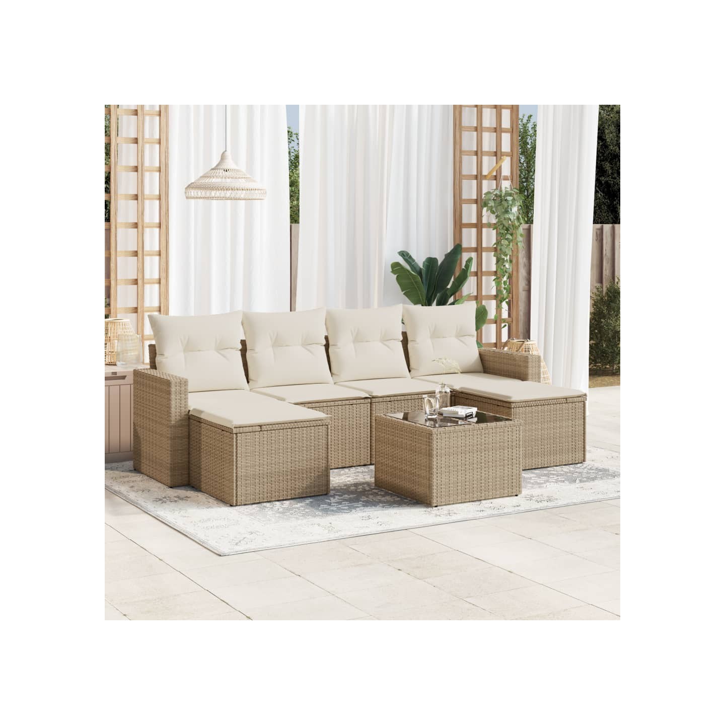 Salon de jardin avec coussins 7 pcs beige résine tressée