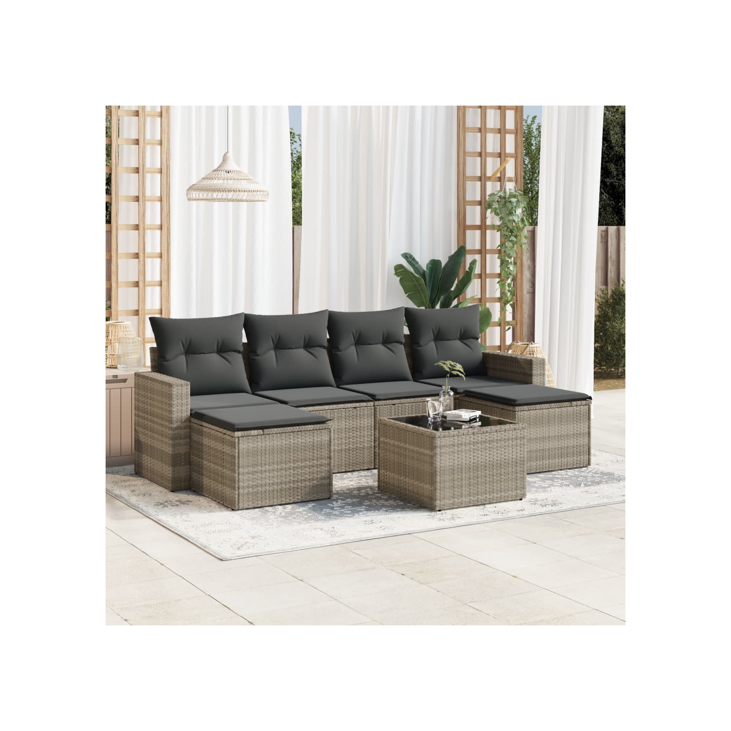 Salon de jardin avec coussins 7 pcs gris clair résine tressée