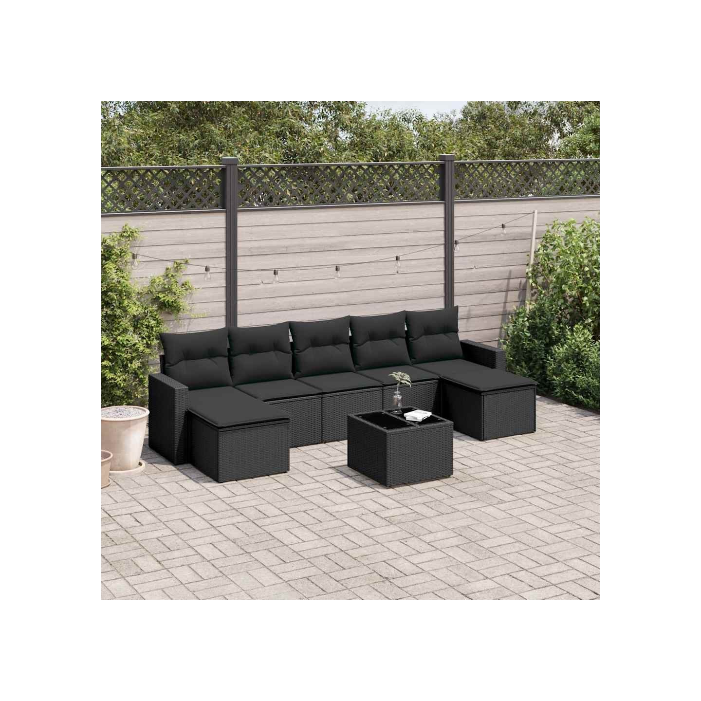 Salon de jardin 8 pcs avec coussins noir résine tressée