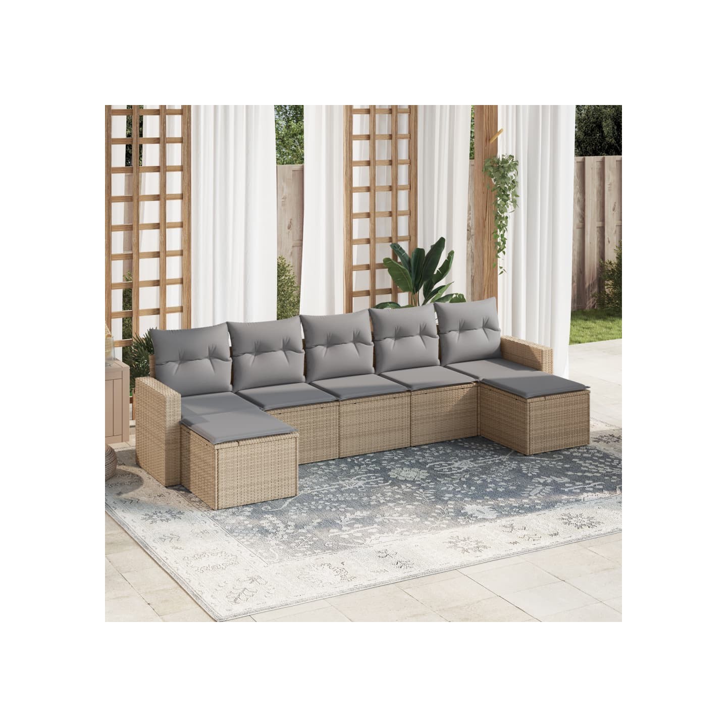 Salon de jardin avec coussins 7 pcs beige résine tressée
