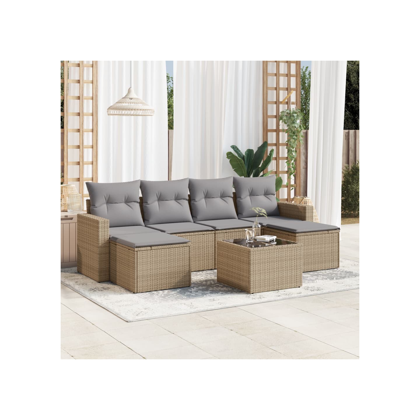 Salon de jardin avec coussins 7 pcs beige résine tressée