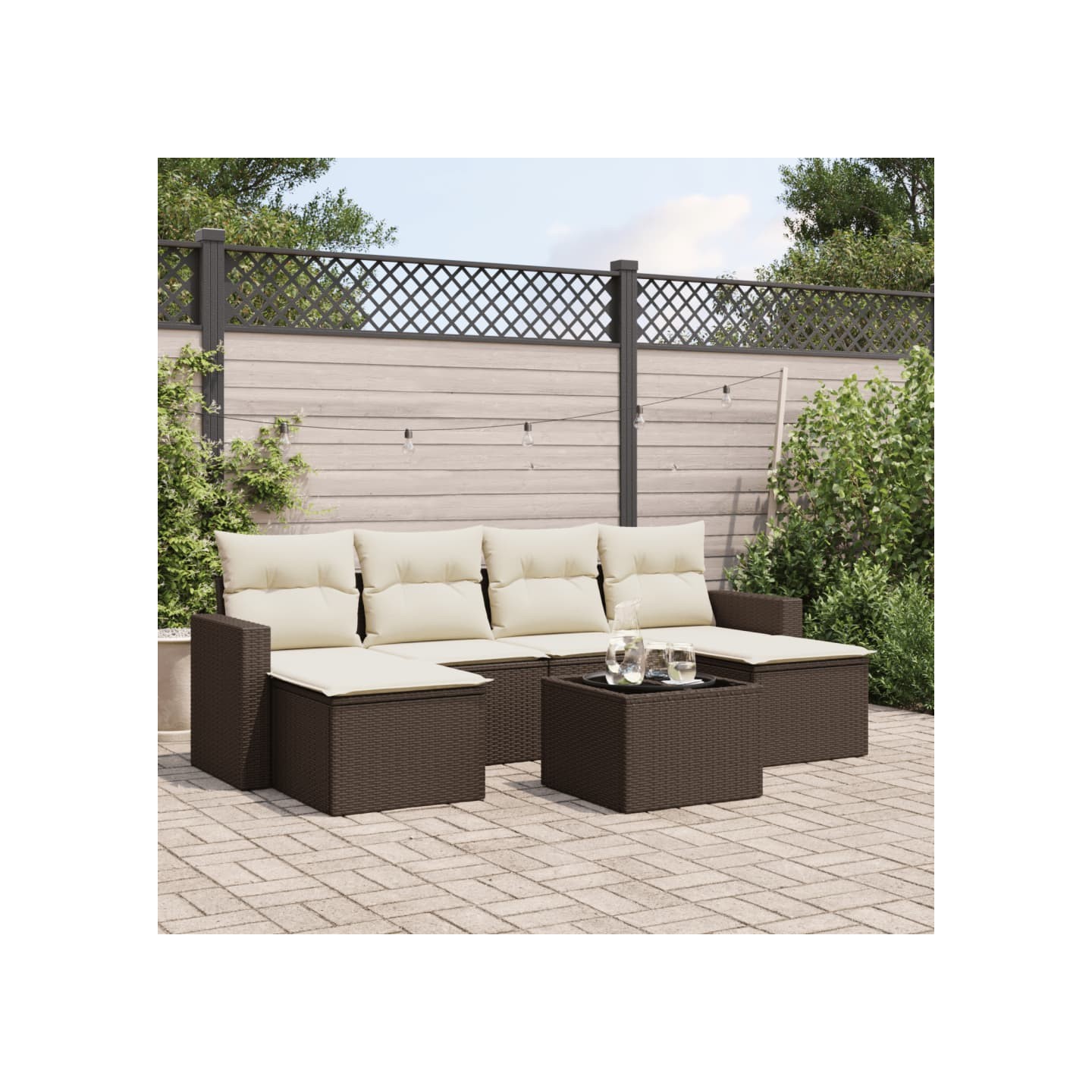 Salon de jardin avec coussins 7 pcs marron résine tressée