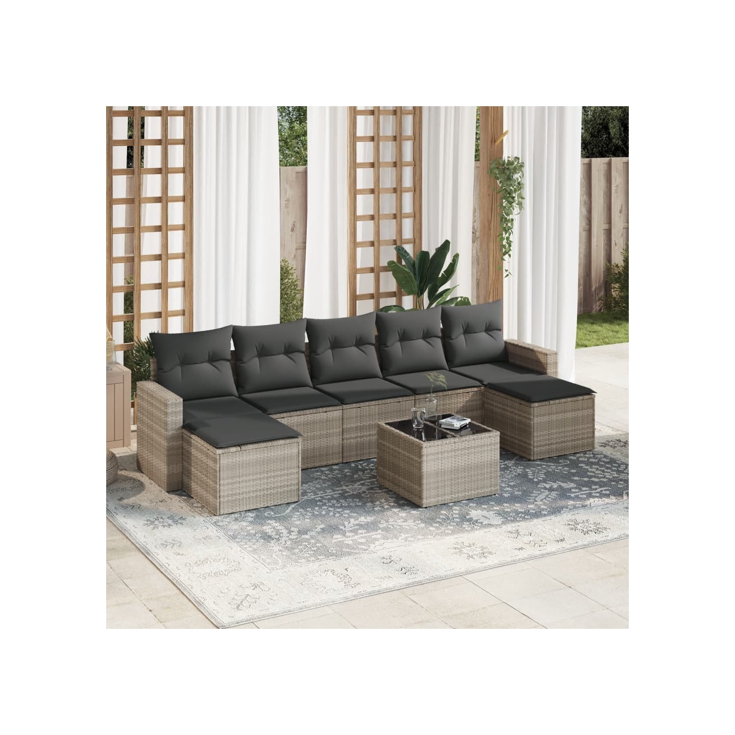 Salon de jardin 8 pcs avec coussins gris clair résine tressée