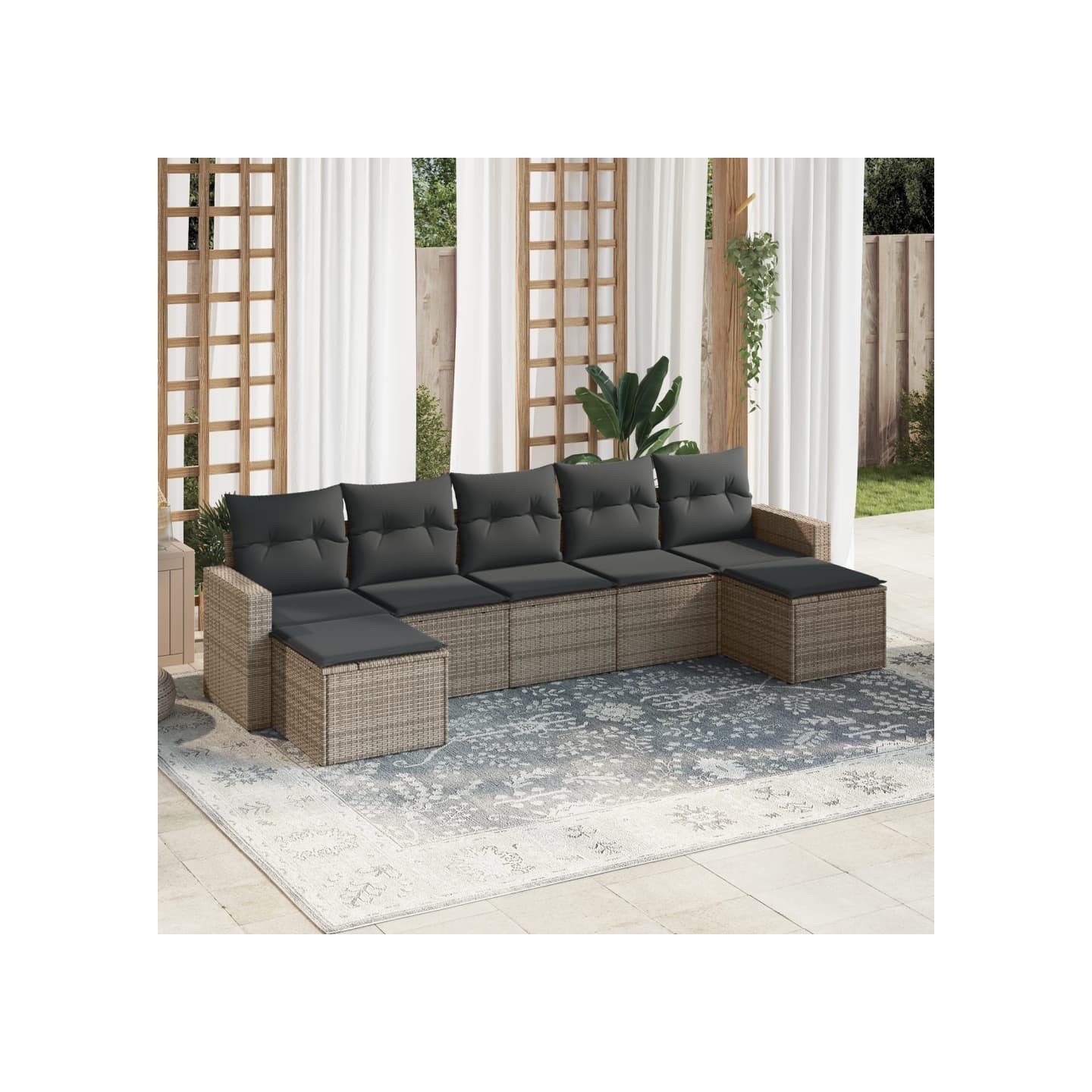 Salon de jardin avec coussins 7 pcs gris résine tressée