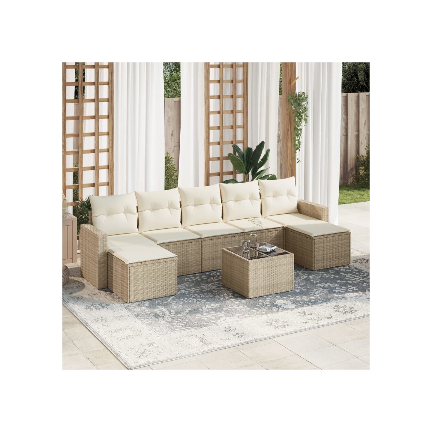 Salon de jardin avec coussins 8 pcs beige résine tressée