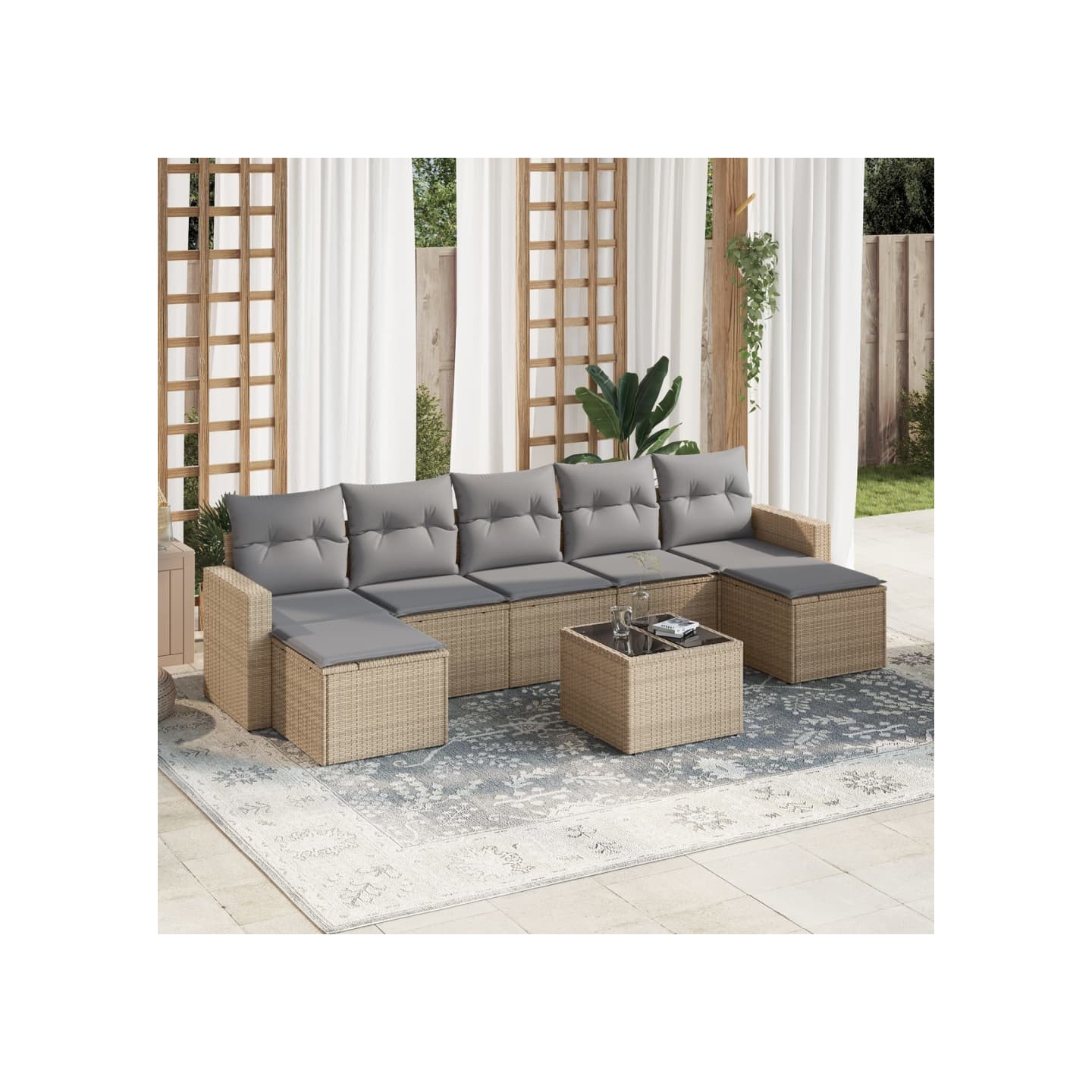 Salon de jardin avec coussins 8 pcs beige résine tressée