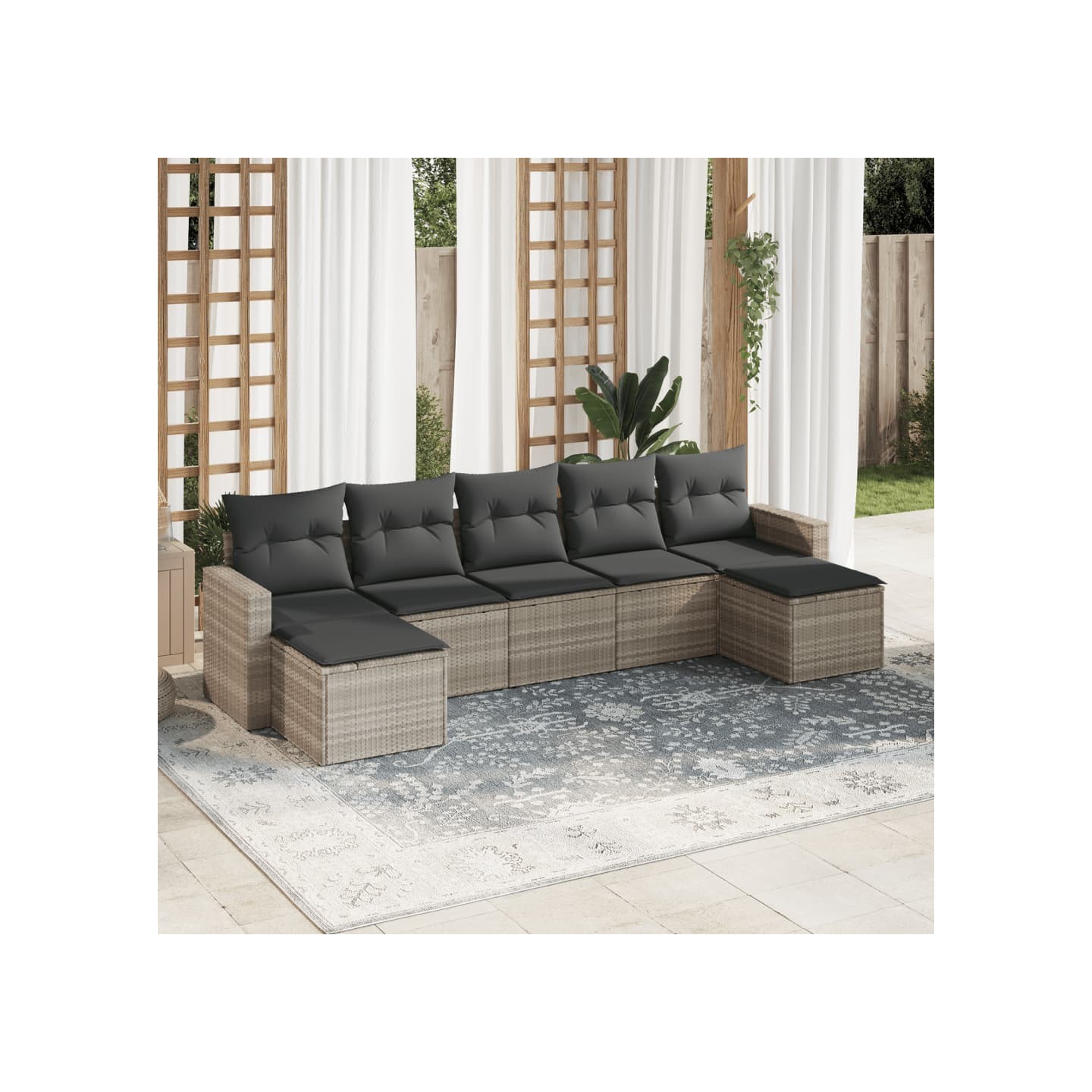 Salon de jardin avec coussins 7 pcs gris clair résine tressée