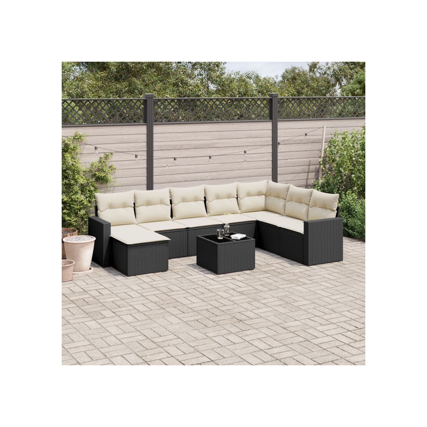 Salon de jardin 9 pcs avec coussins noir résine tressée