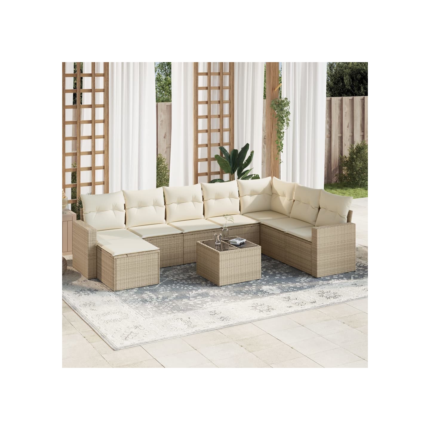 Salon de jardin avec coussins 9 pcs beige résine tressée