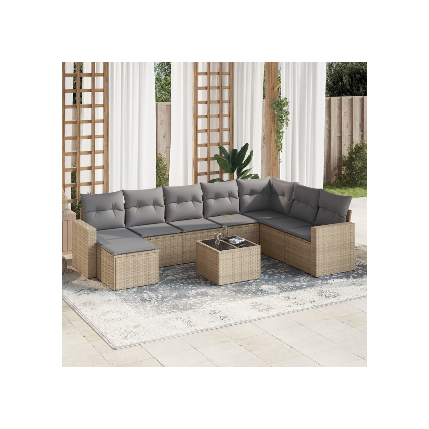 Salon de jardin avec coussins 9 pcs beige résine tressée