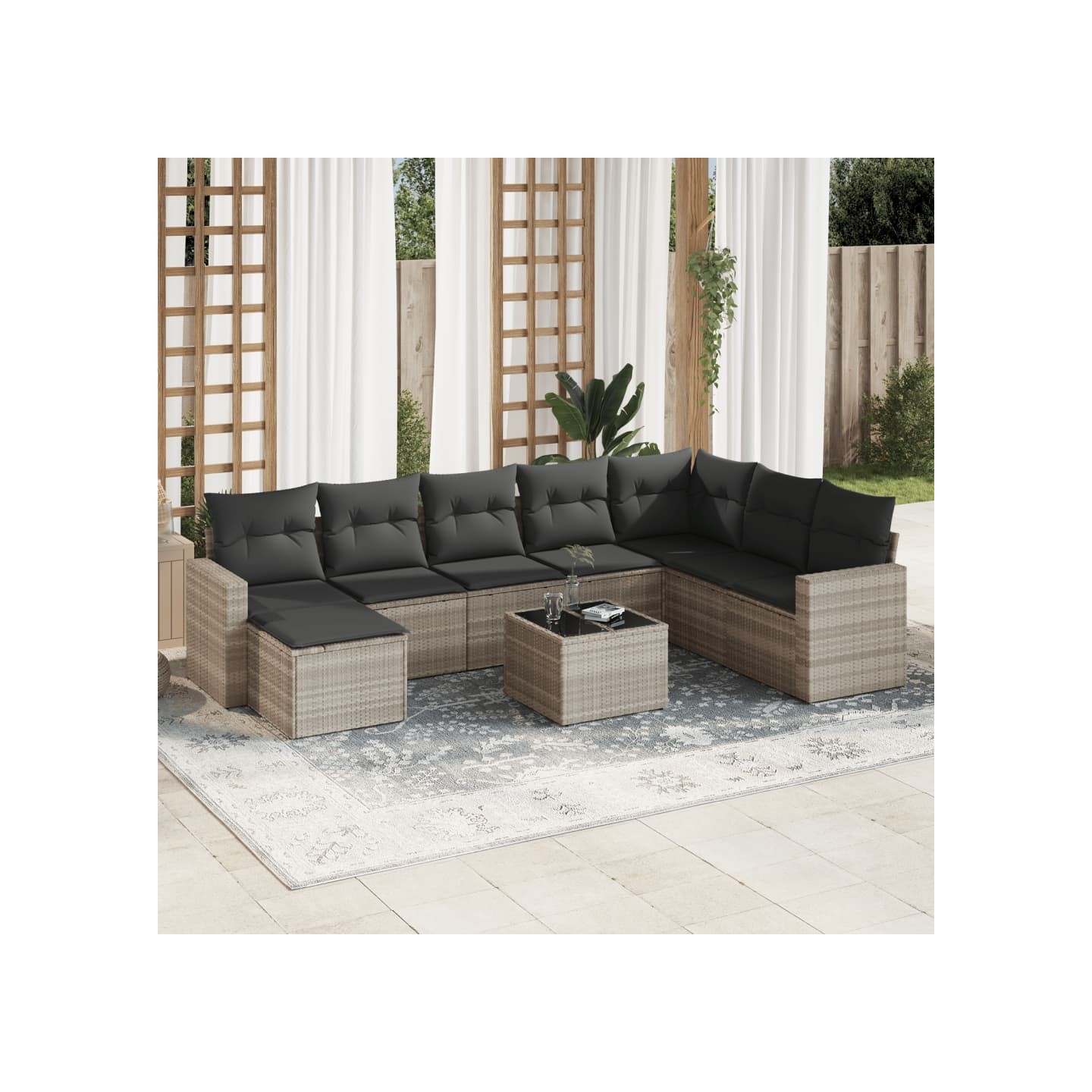 Salon de jardin 9 pcs avec coussins gris clair résine tressée
