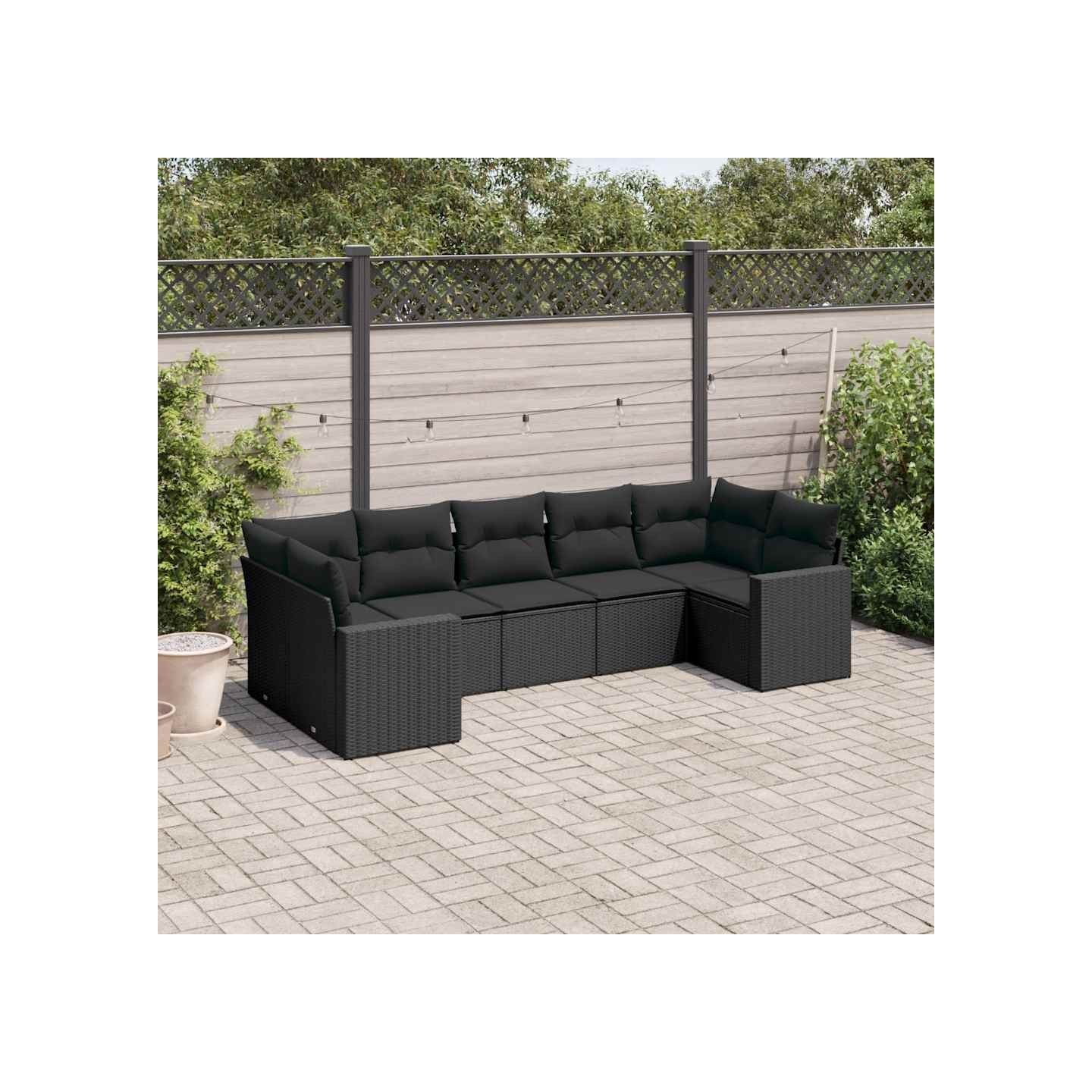 Salon de jardin 7 pcs avec coussins noir résine tressée
