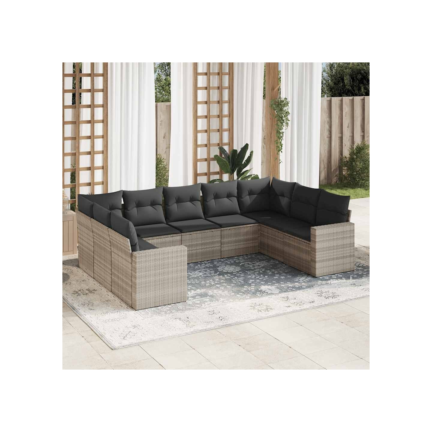 Salon de jardin 9 pcs avec coussins gris clair résine tressée