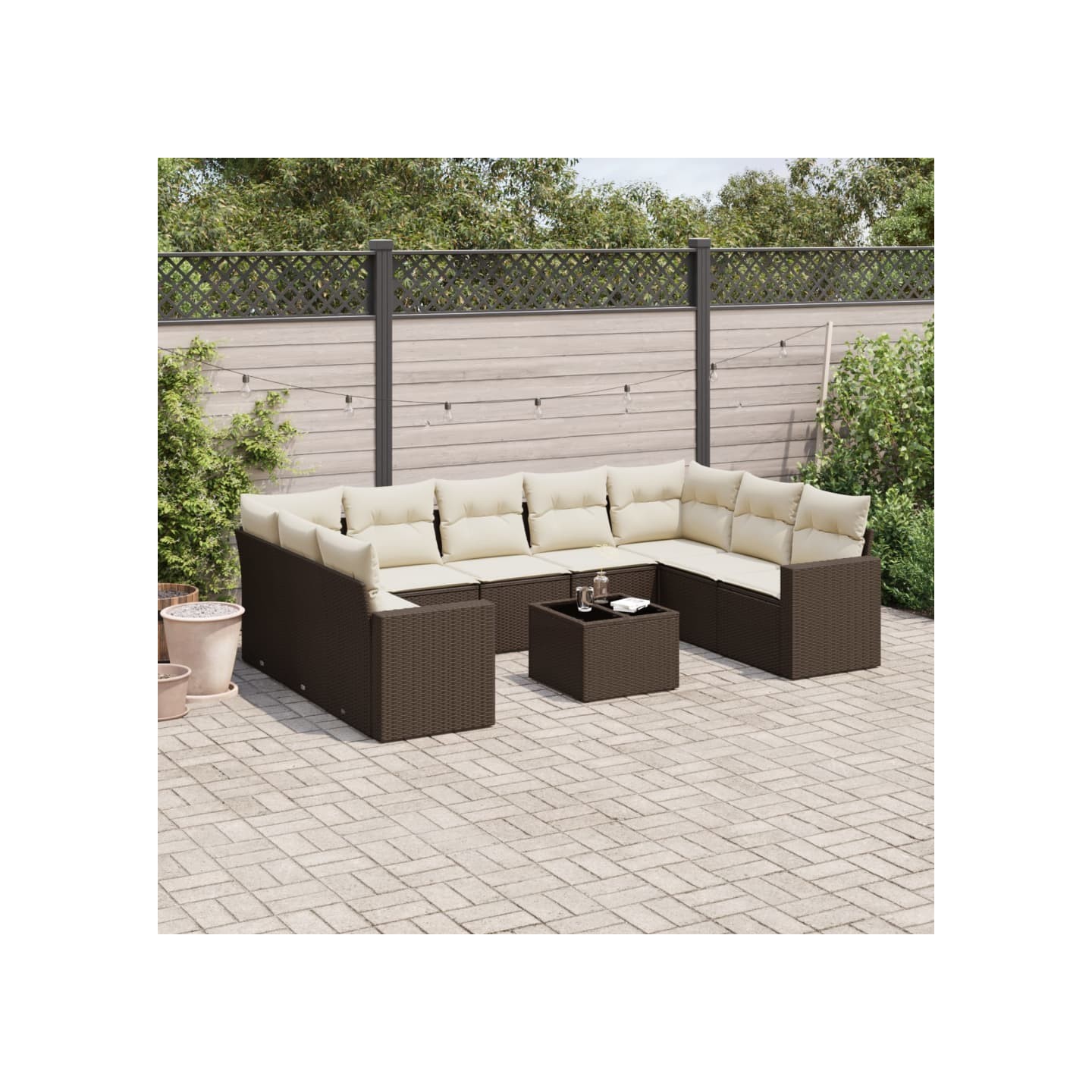 Salon de jardin 10 pcs avec coussins marron résine tressée