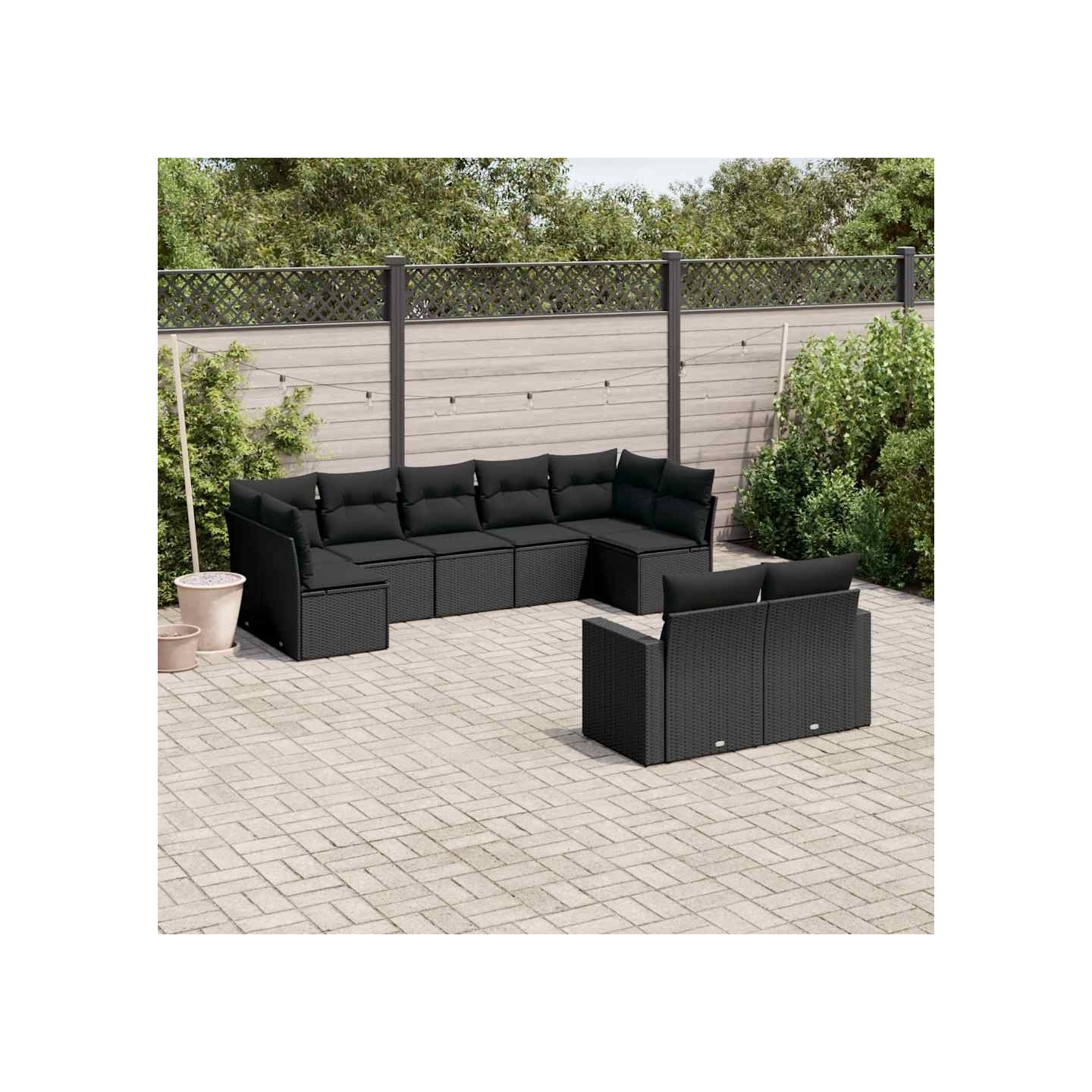 Salon de jardin 9 pcs avec coussins noir résine tressée