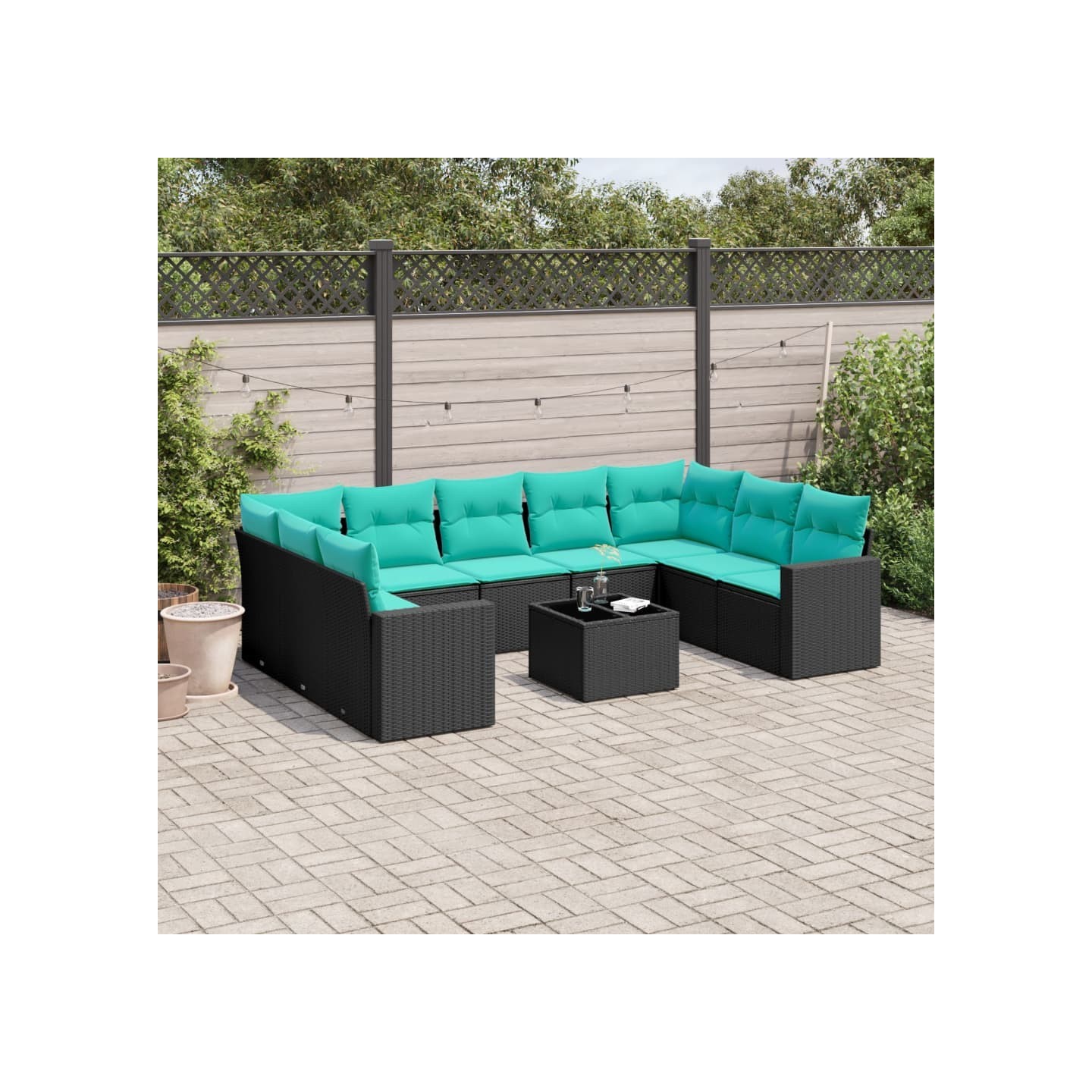 Salon de jardin 10 pcs avec coussins noir résine tressée