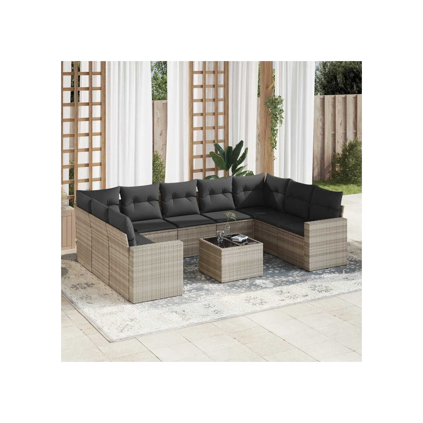 Salon de jardin avec coussins 10 pcs gris clair résine tressée