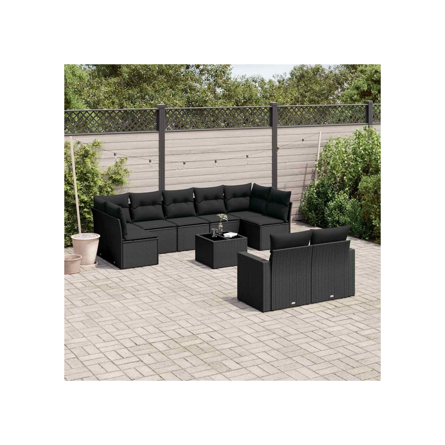 Salon de jardin 10 pcs avec coussins noir résine tressée