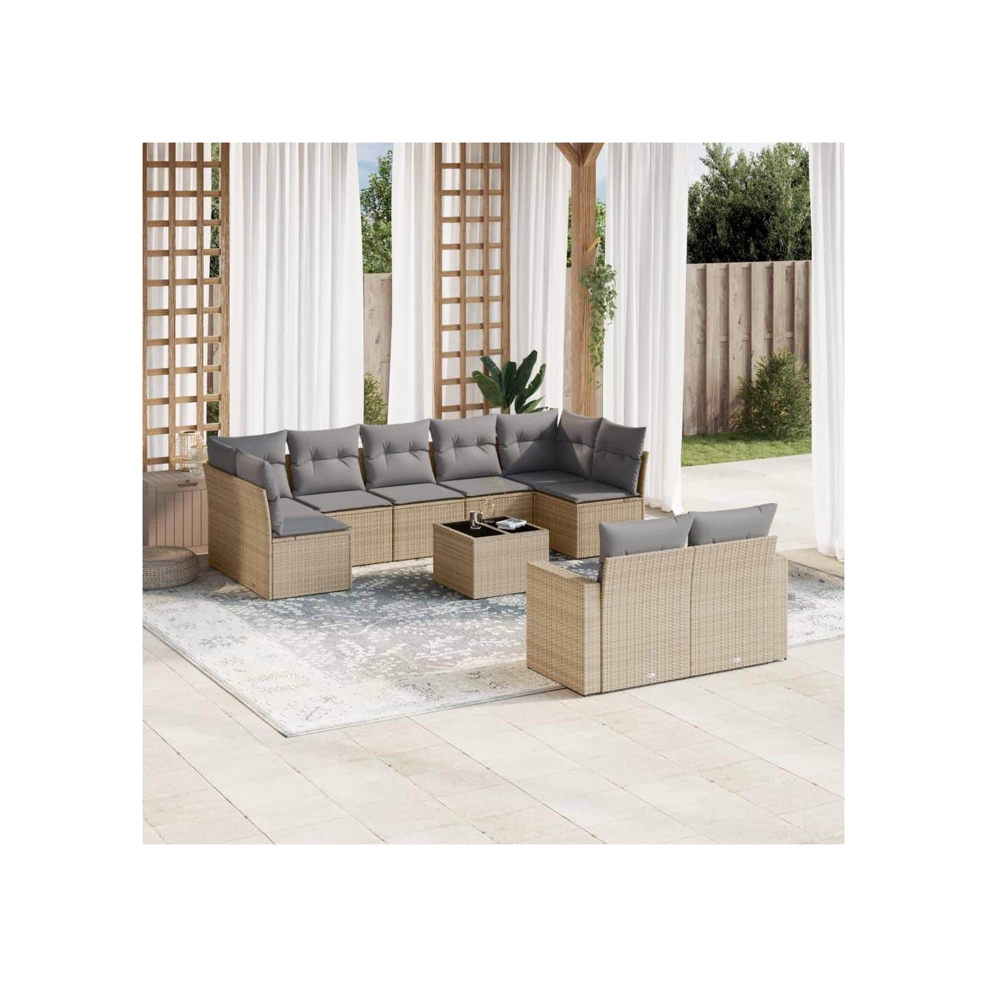 Salon de jardin avec coussins 10 pcs beige résine tressée