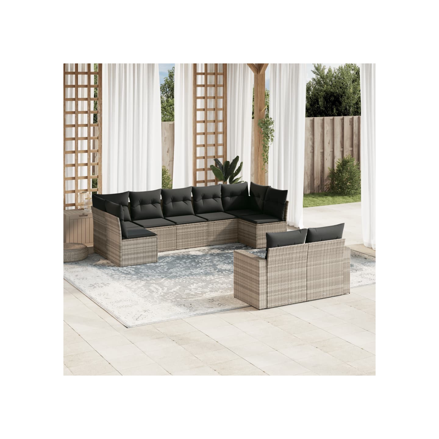 Salon de jardin 9 pcs avec coussins gris clair résine tressée