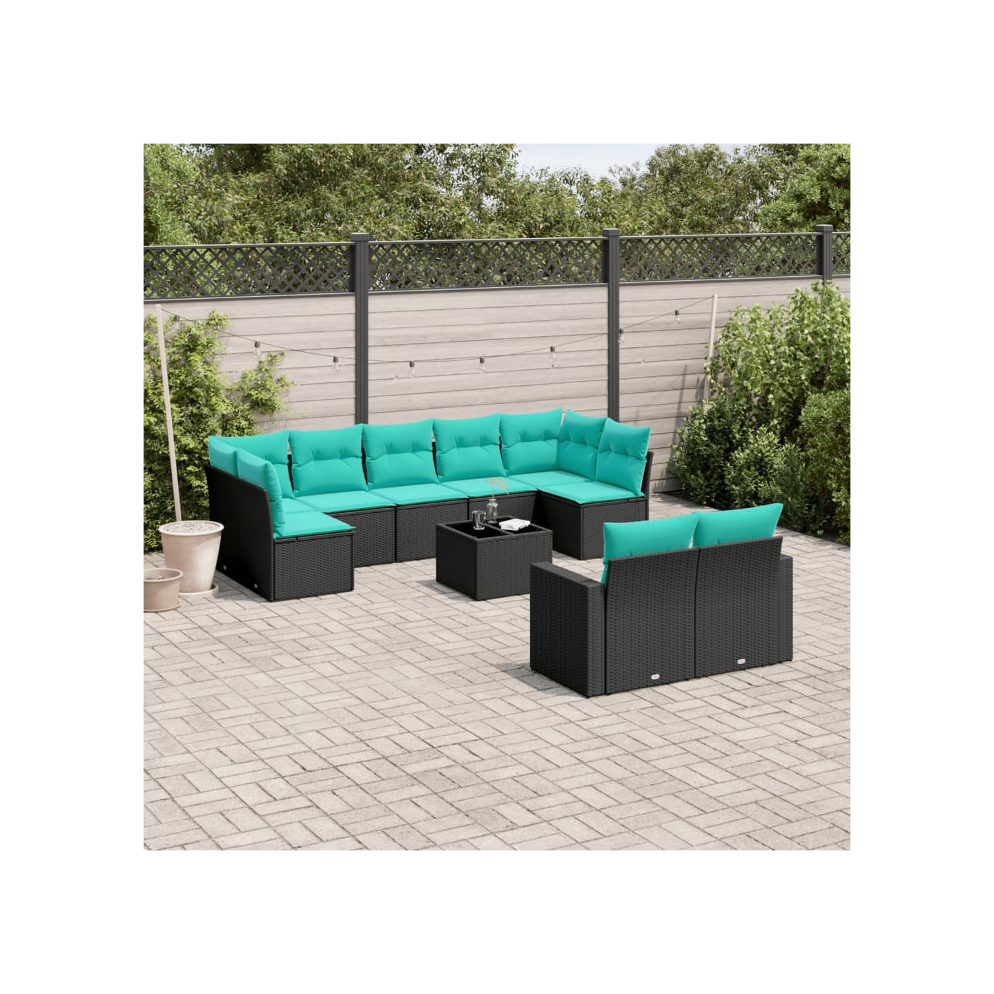 Salon de jardin 10 pcs avec coussins noir résine tressée