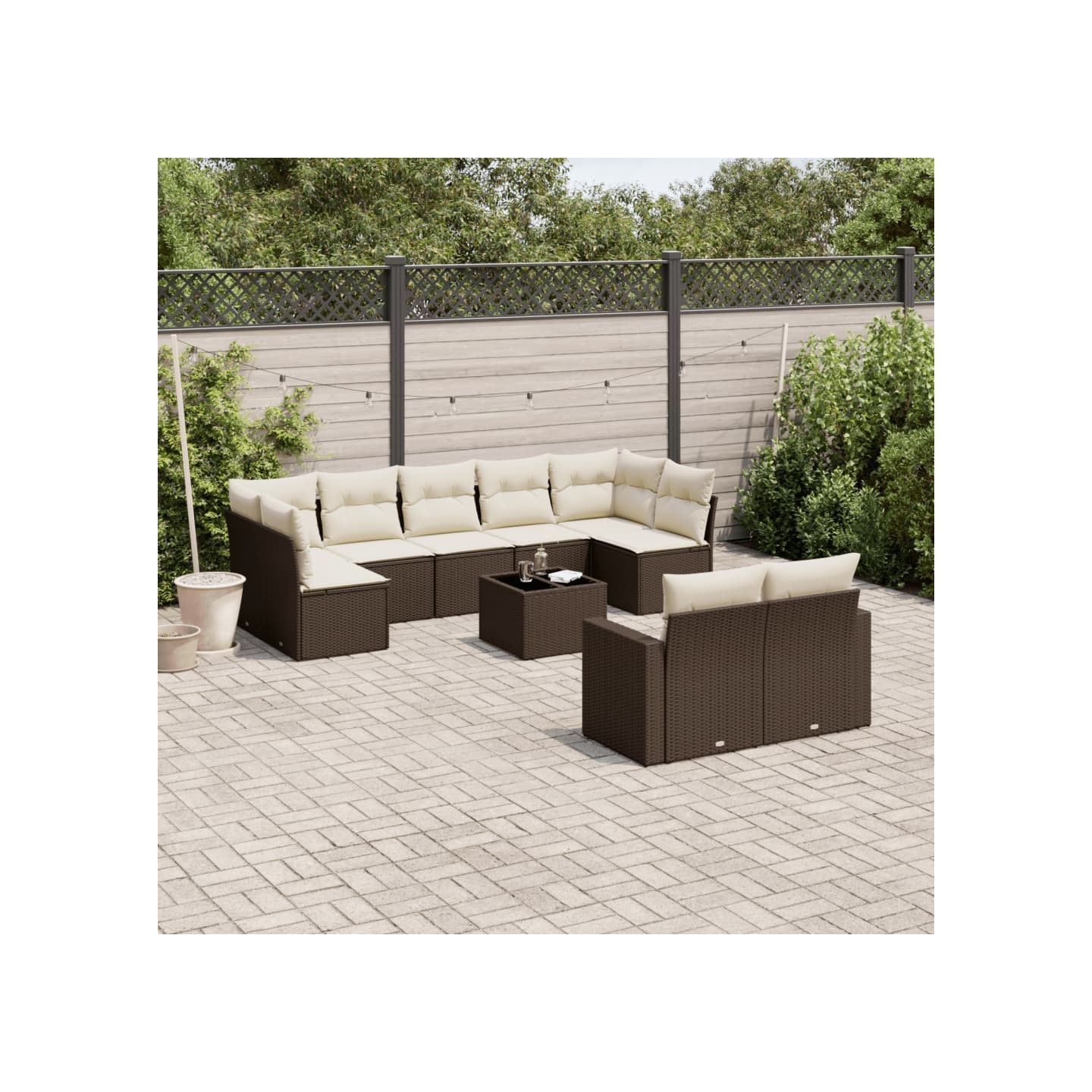Salon de jardin 10 pcs avec coussins marron résine tressée