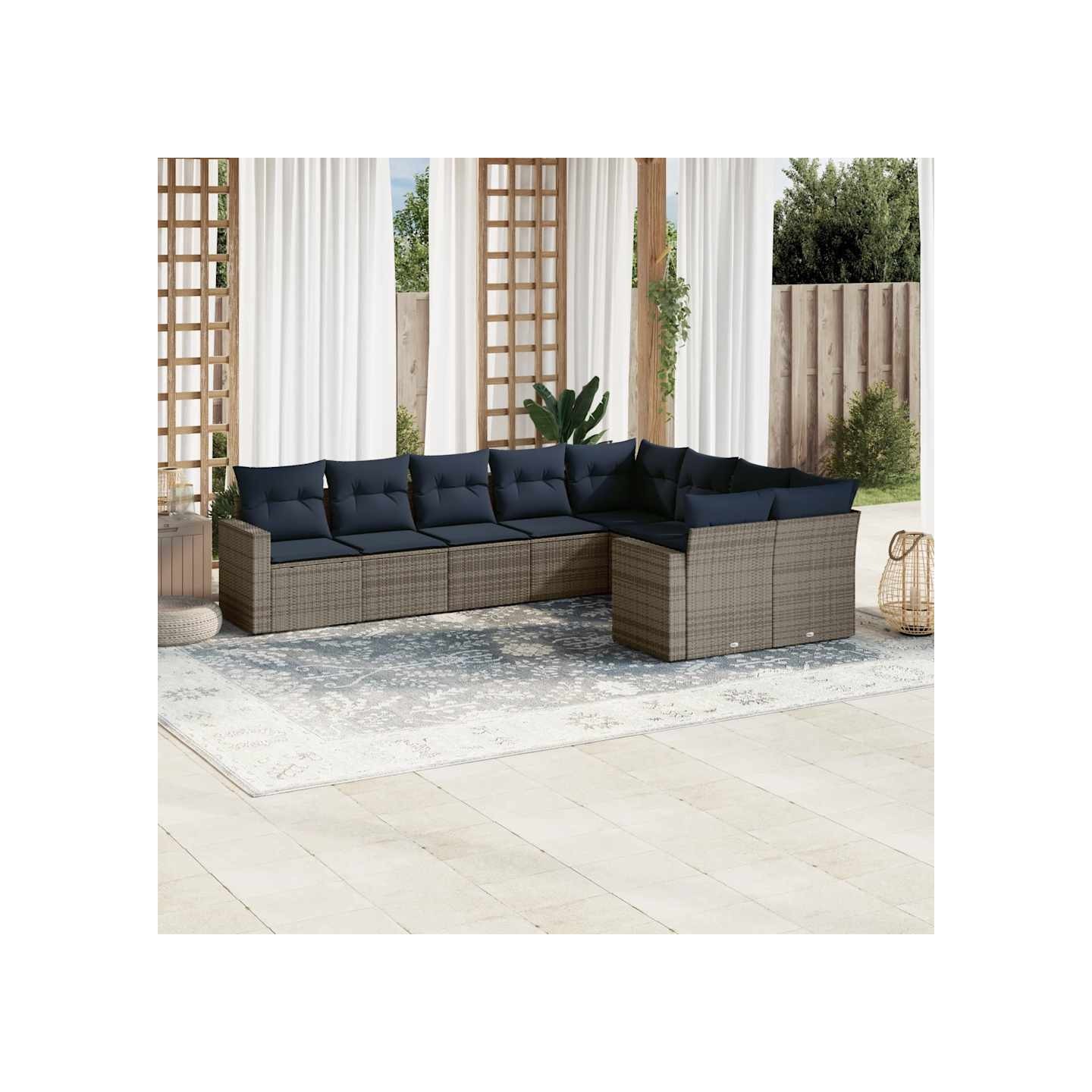 Salon de jardin 9 pcs avec coussins gris résine tressée