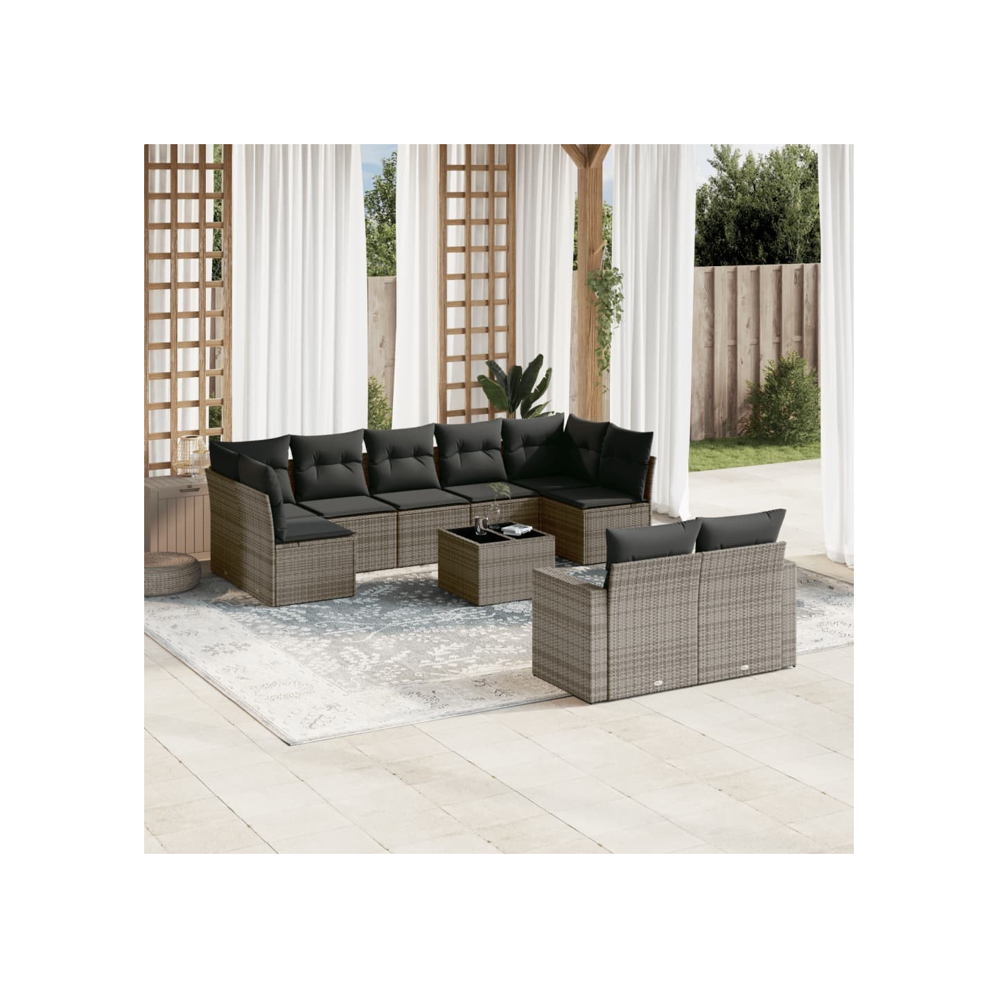 Salon de jardin avec coussins 10 pcs gris résine tressée