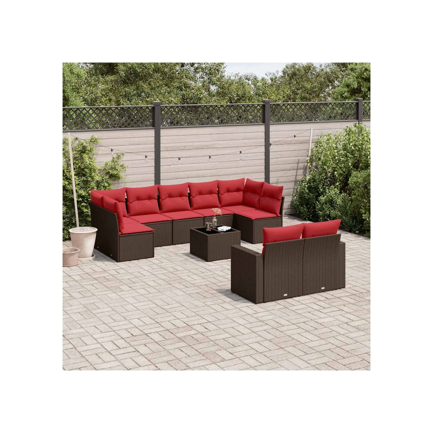 Salon de jardin 10 pcs avec coussins marron résine tressée