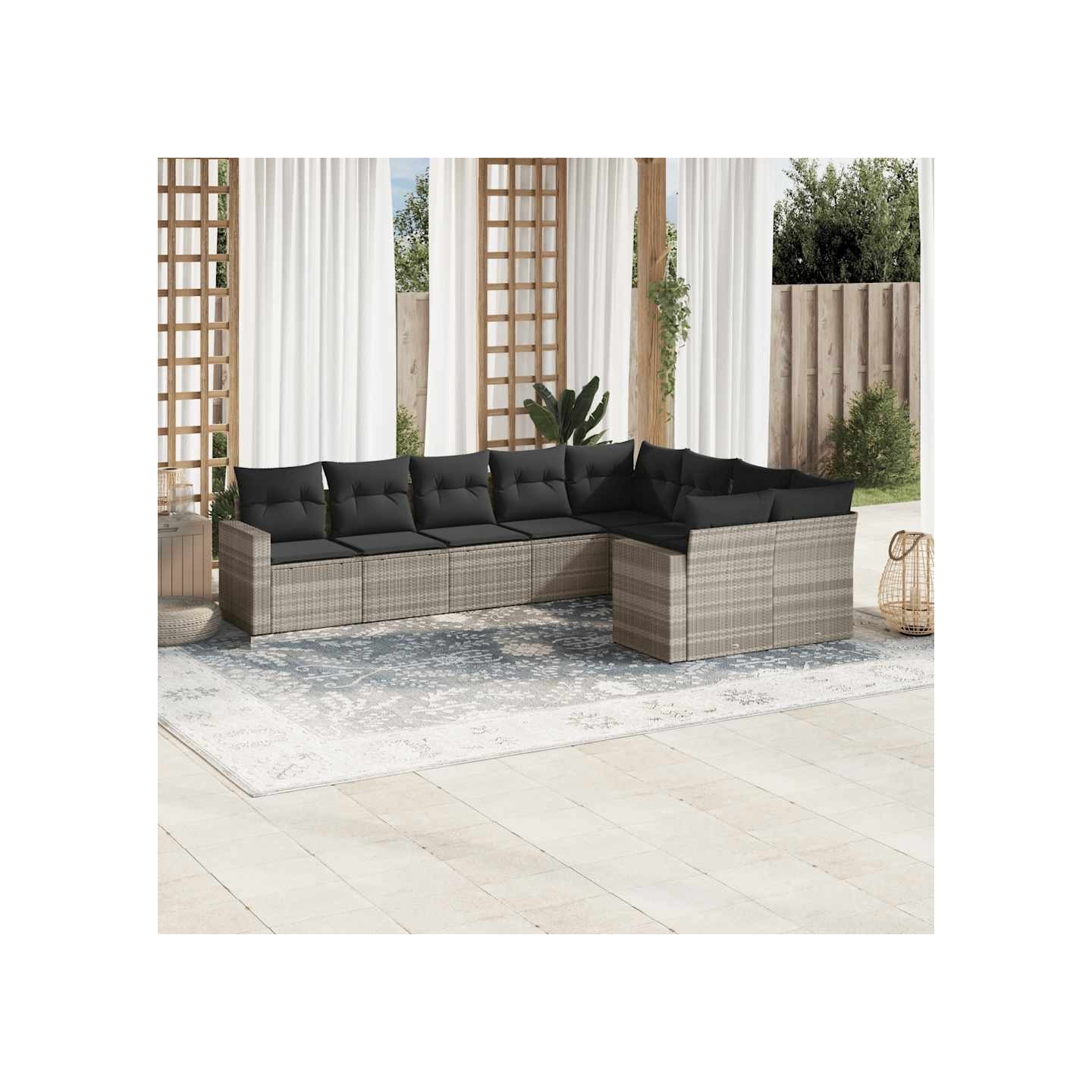 Salon de jardin 9 pcs avec coussins gris clair résine tressée