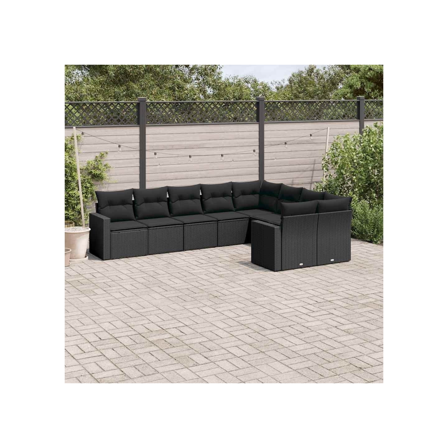 Salon de jardin 9 pcs avec coussins noir résine tressée