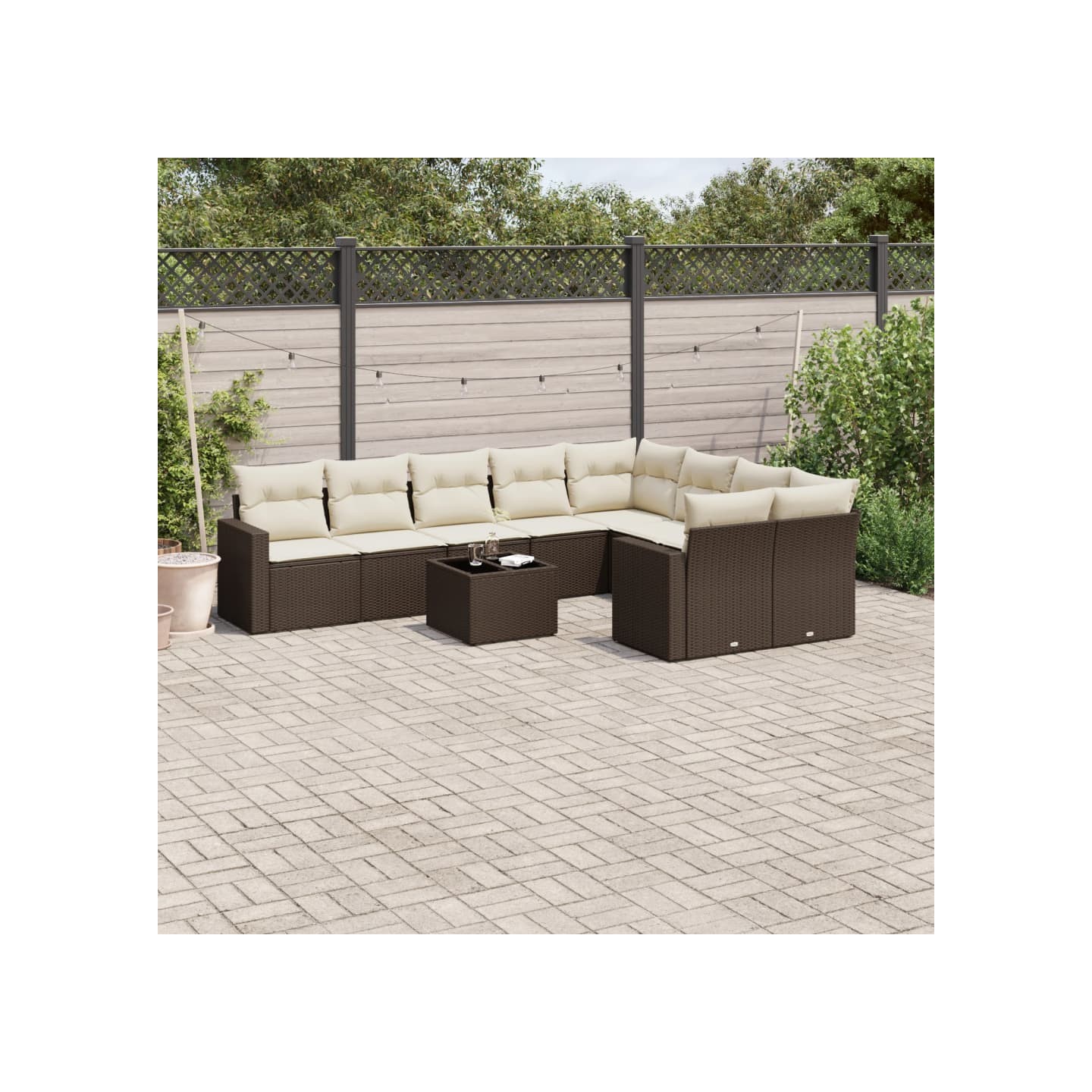 Salon de jardin 10 pcs avec coussins marron résine tressée