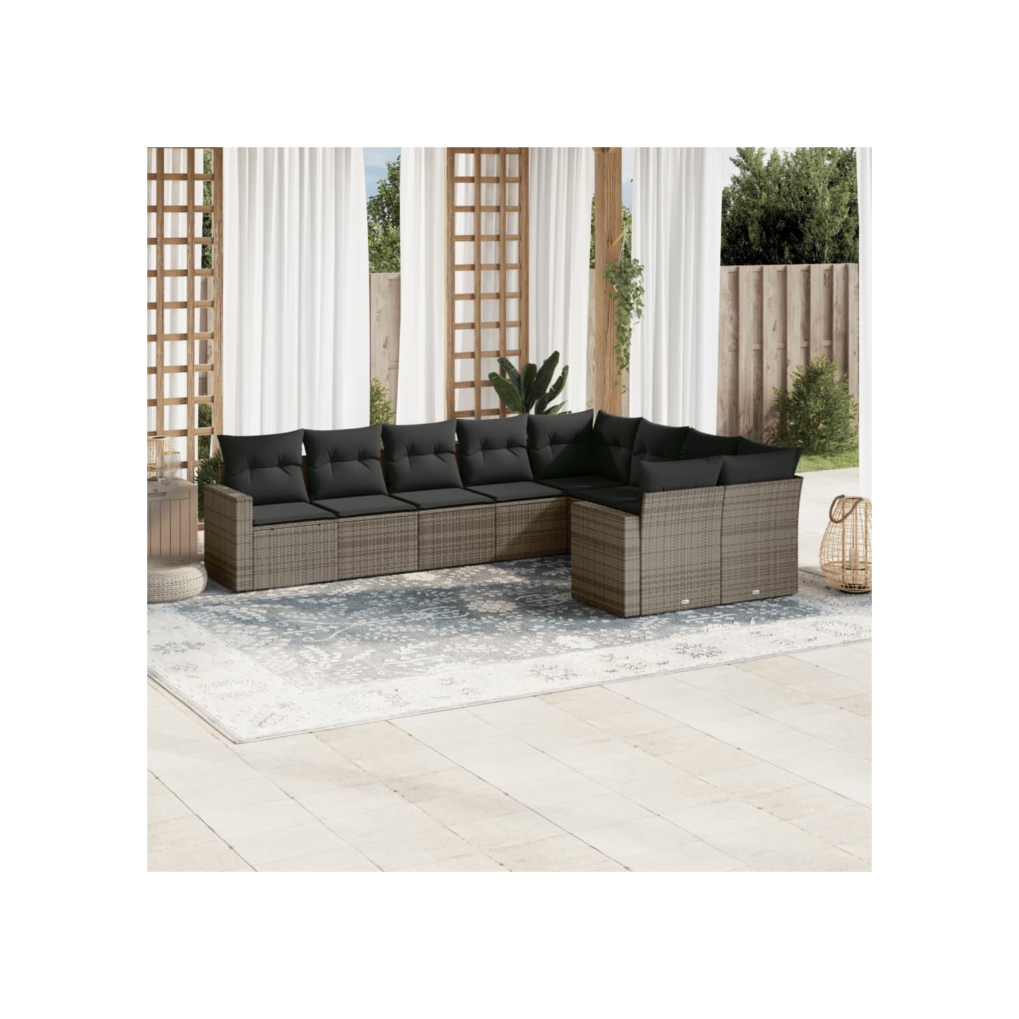 Salon de jardin 9 pcs avec coussins gris résine tressée