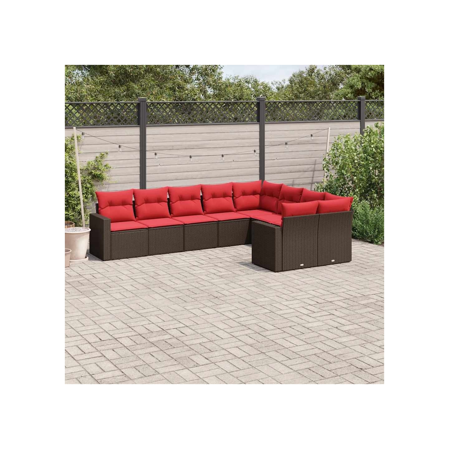 Salon de jardin avec coussins 9 pcs marron résine tressée