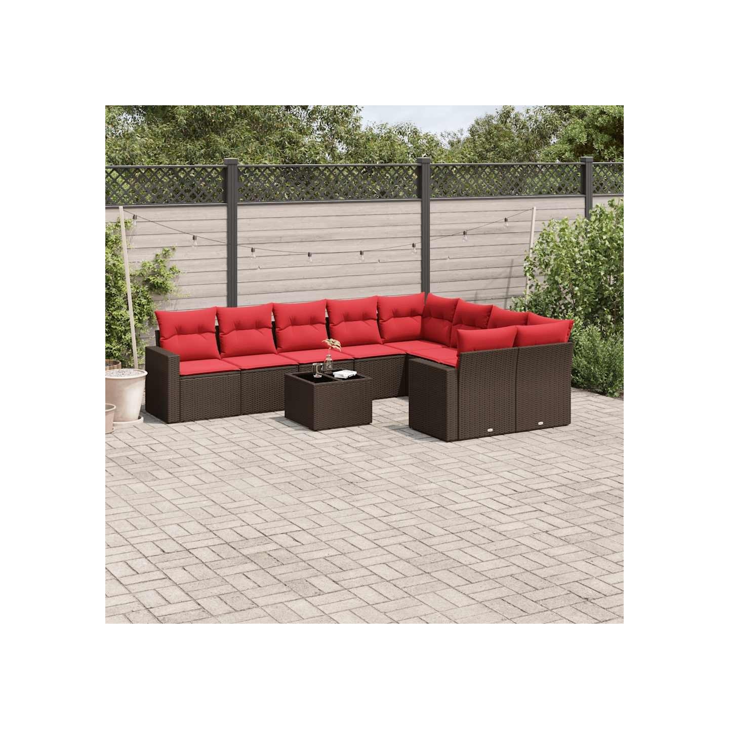 Salon de jardin 10 pcs avec coussins marron résine tressée
