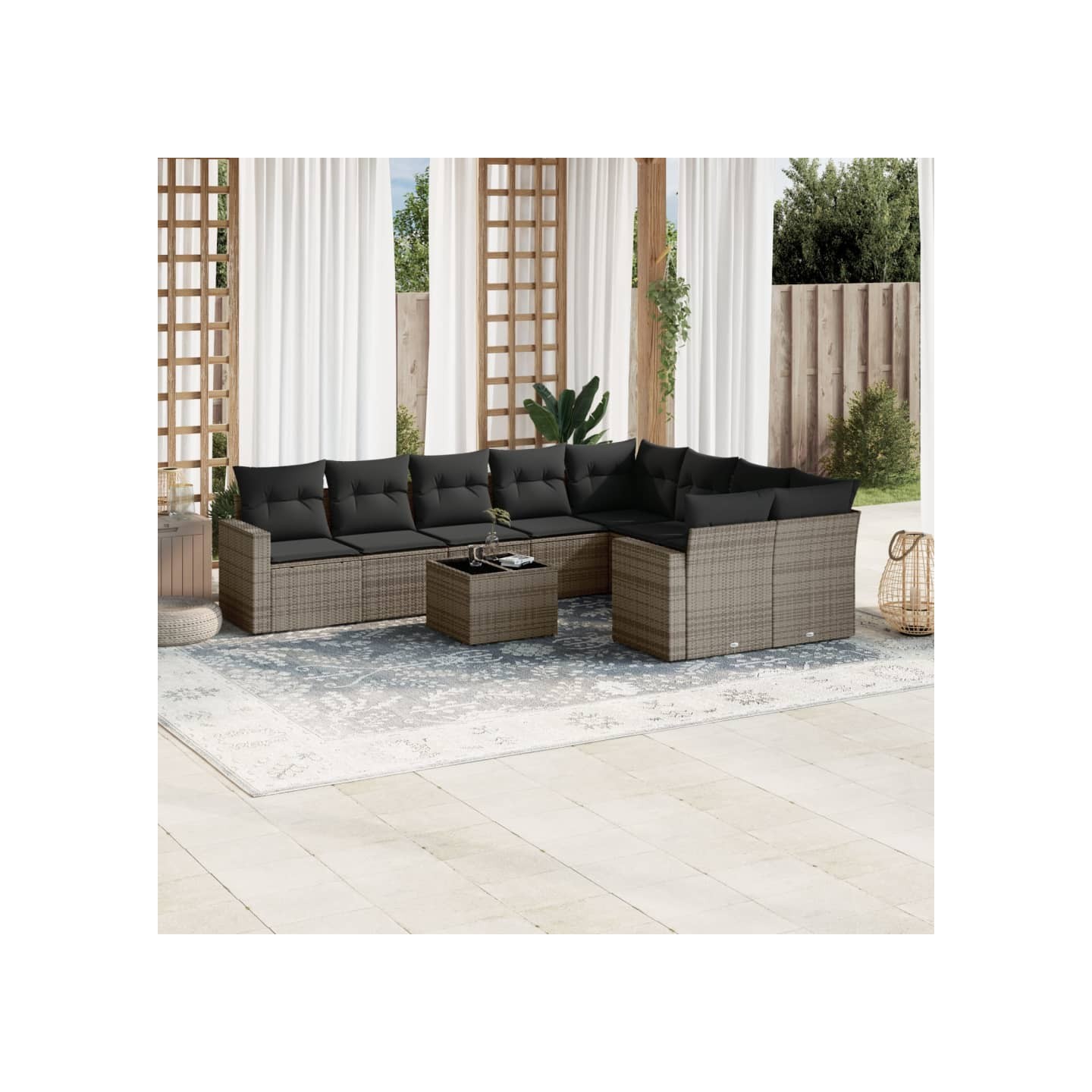 Salon de jardin avec coussins 10 pcs gris résine tressée
