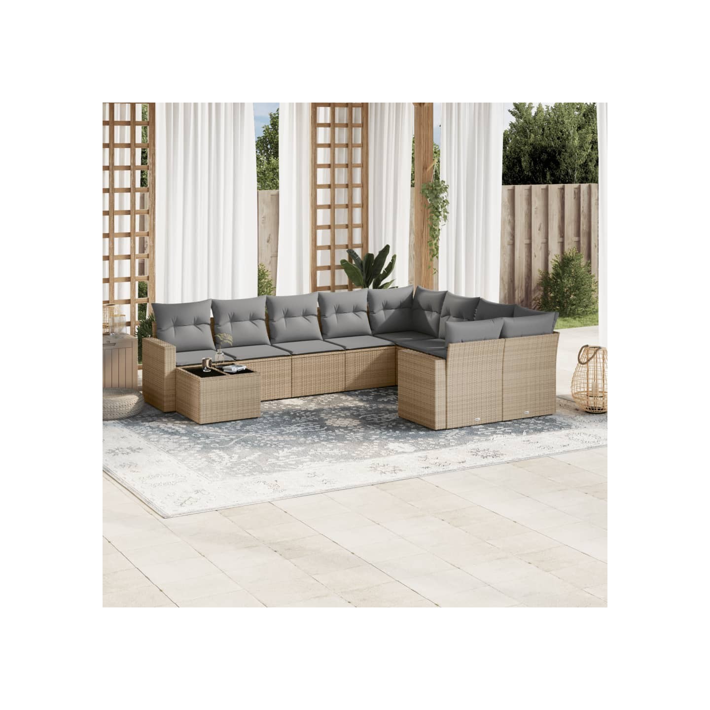 Salon de jardin avec coussins 10 pcs beige résine tressée