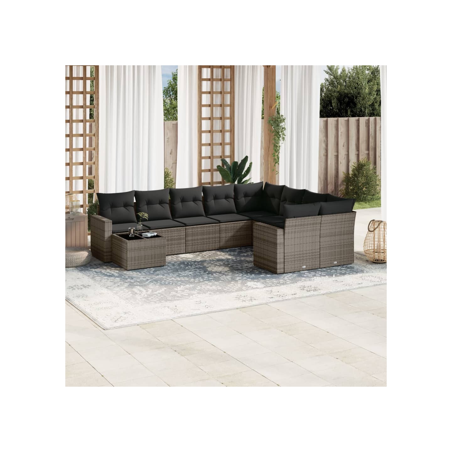 Salon de jardin avec coussins 10 pcs gris résine tressée