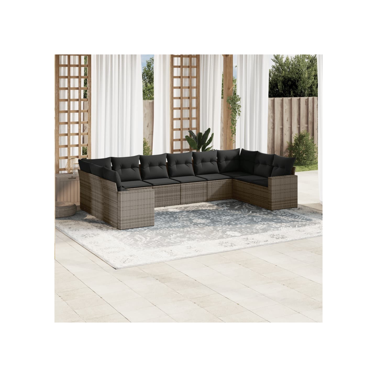 Salon de jardin avec coussins 10 pcs gris résine tressée