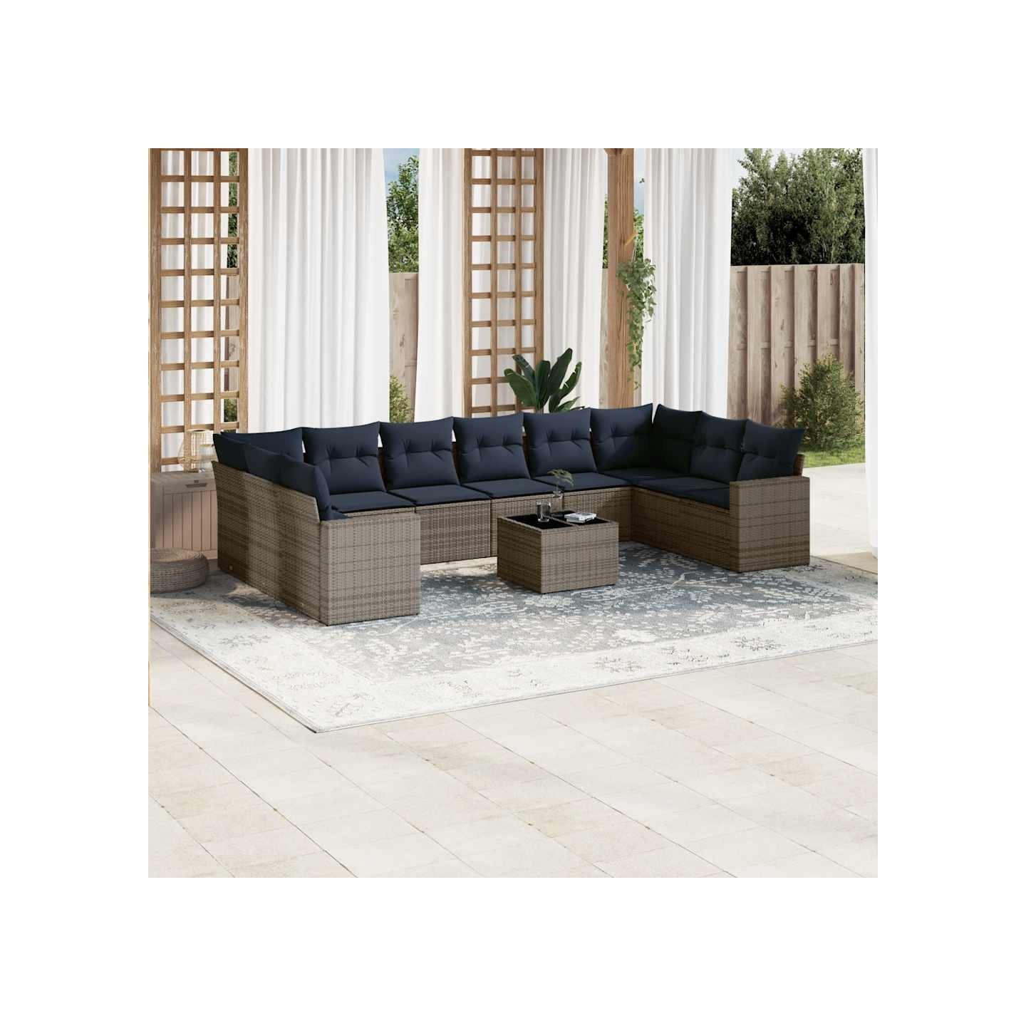 Salon de jardin 11 pcs avec coussins gris résine tressée
