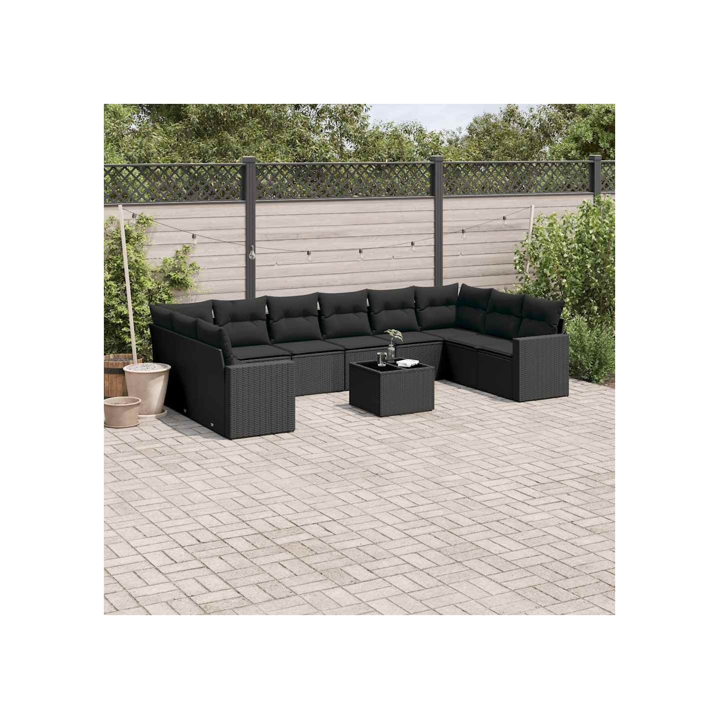 Salon de jardin 11 pcs avec coussins noir résine tressée
