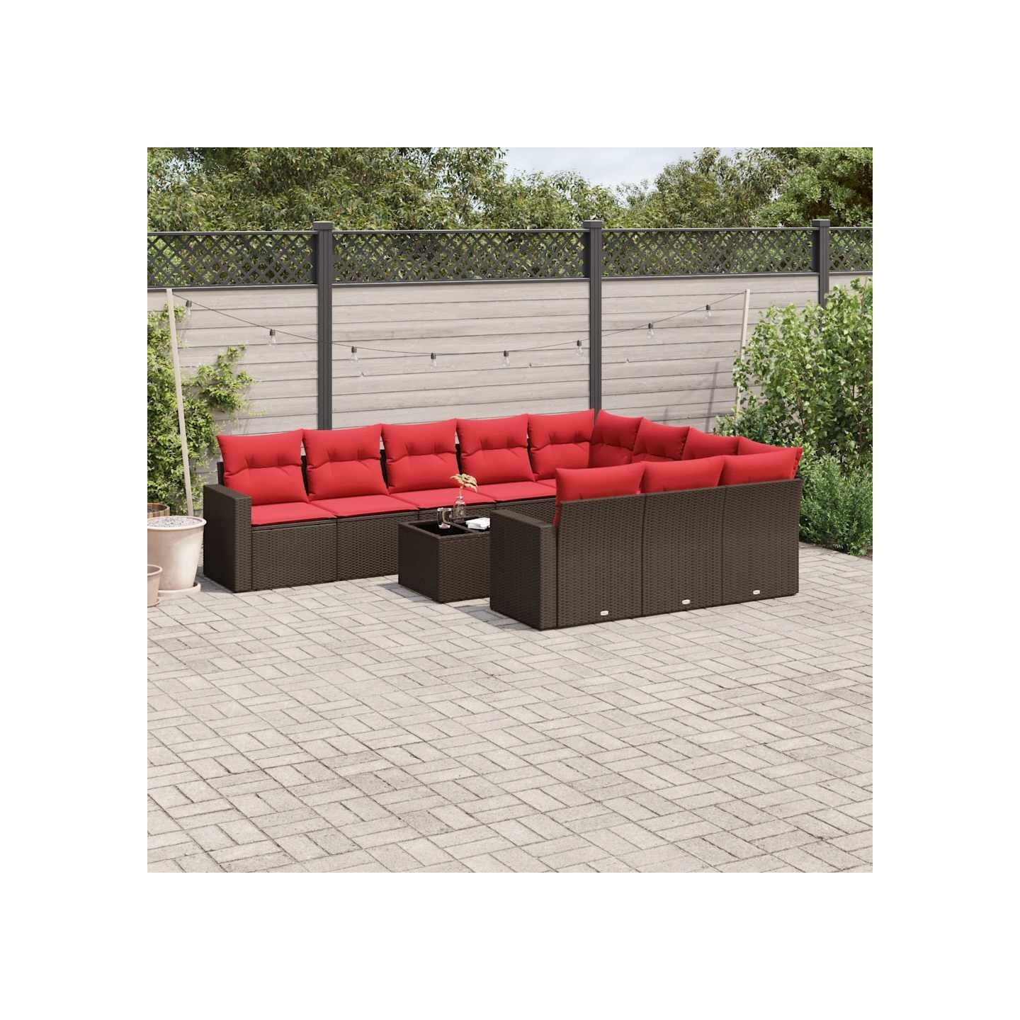 Salon de jardin et coussins 11 pcs marron résine tressée