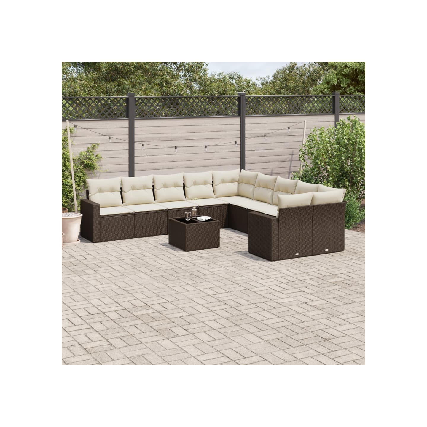 Salon de jardin et coussins 11 pcs marron résine tressée