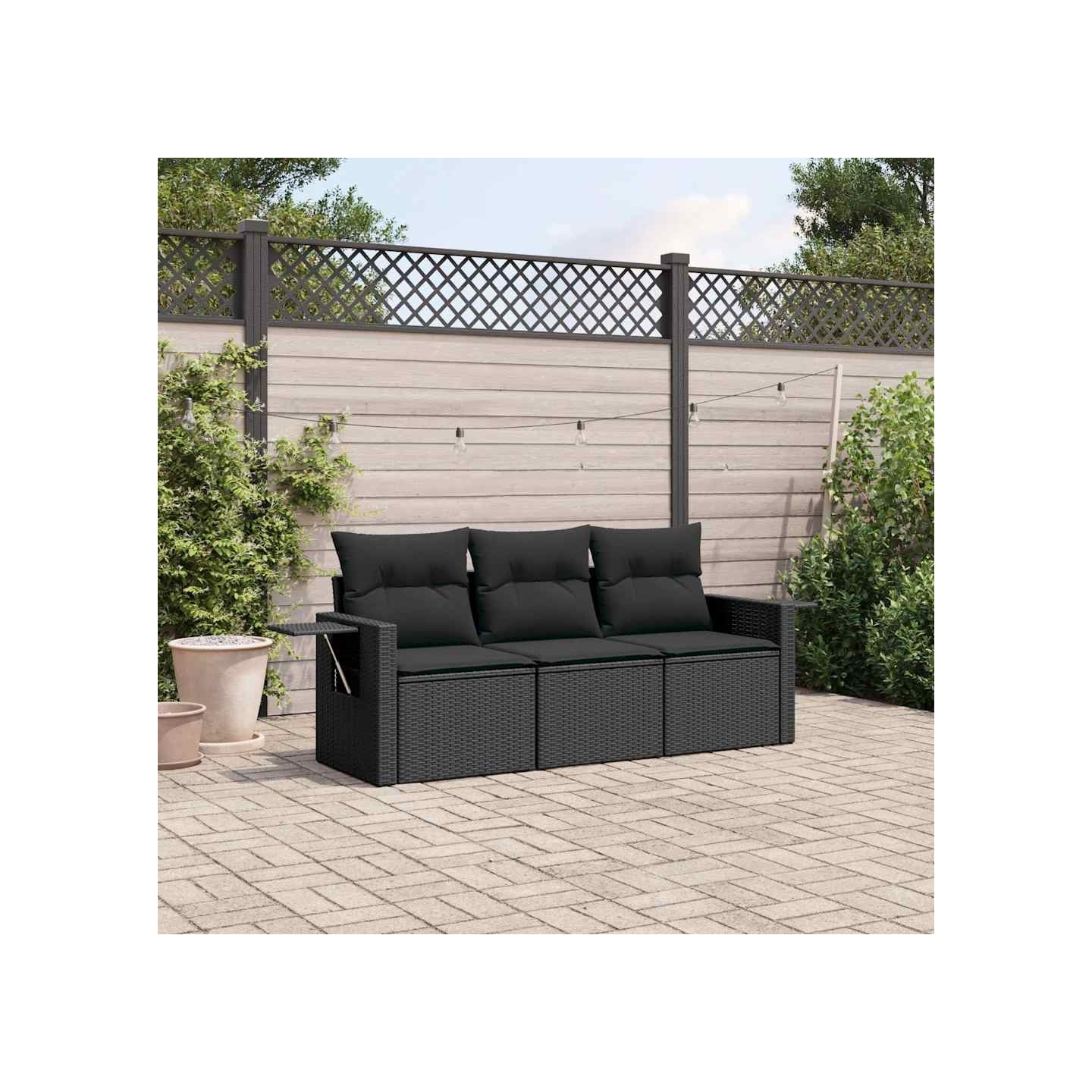 Salon de jardin 3 pcs avec coussins noir résine tressée