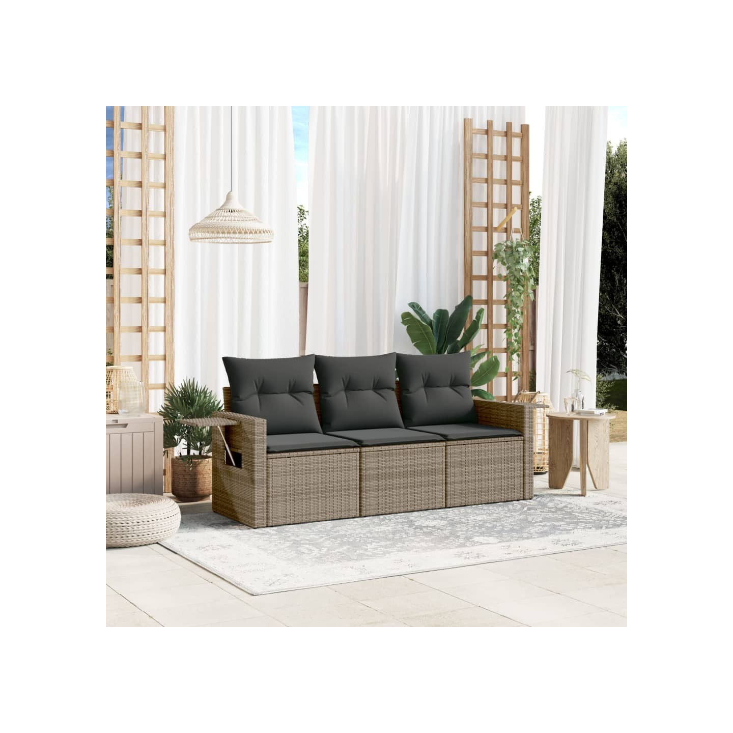 Salon de jardin avec coussins 3 pcs gris résine tressée