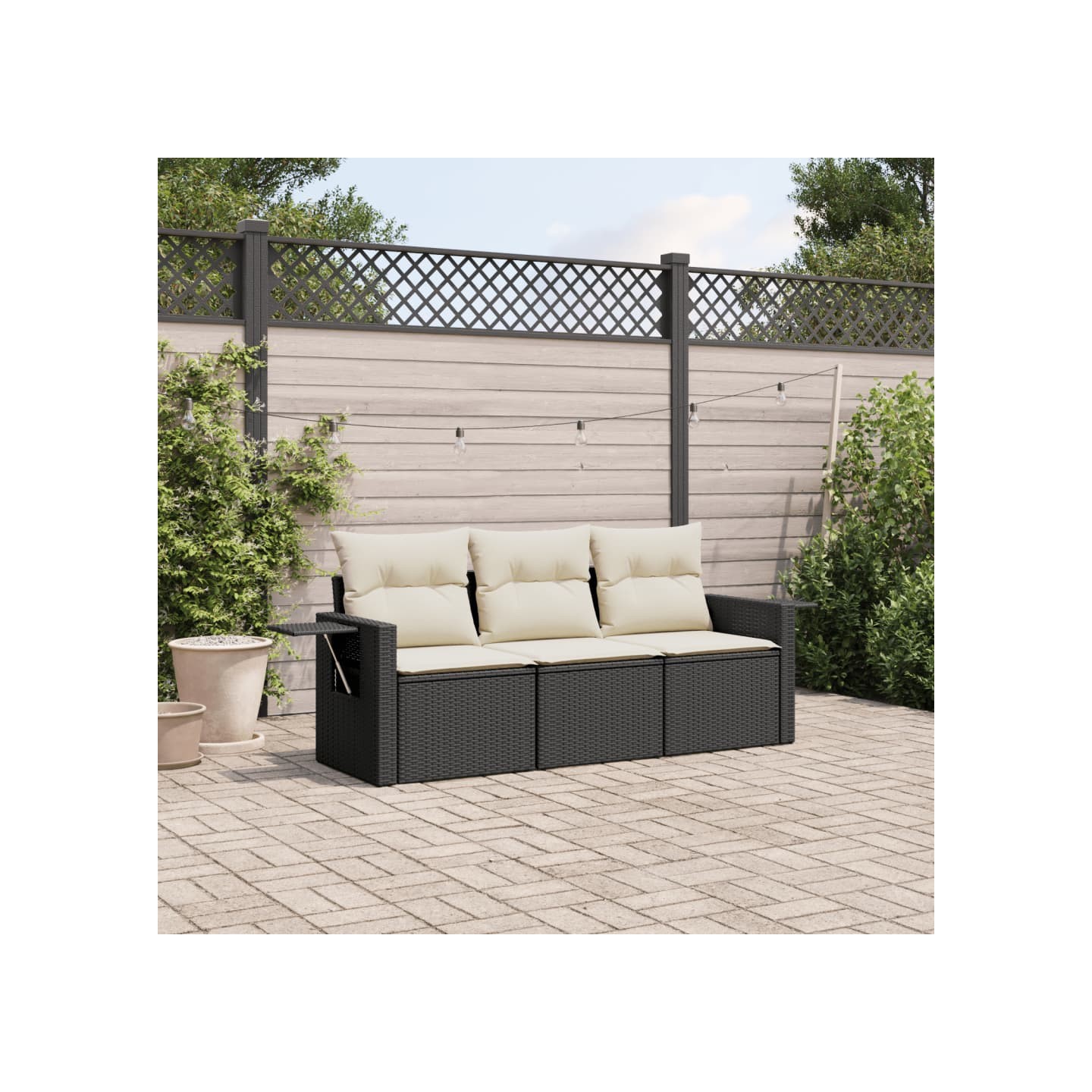 Salon de jardin 3 pcs avec coussins noir résine tressée