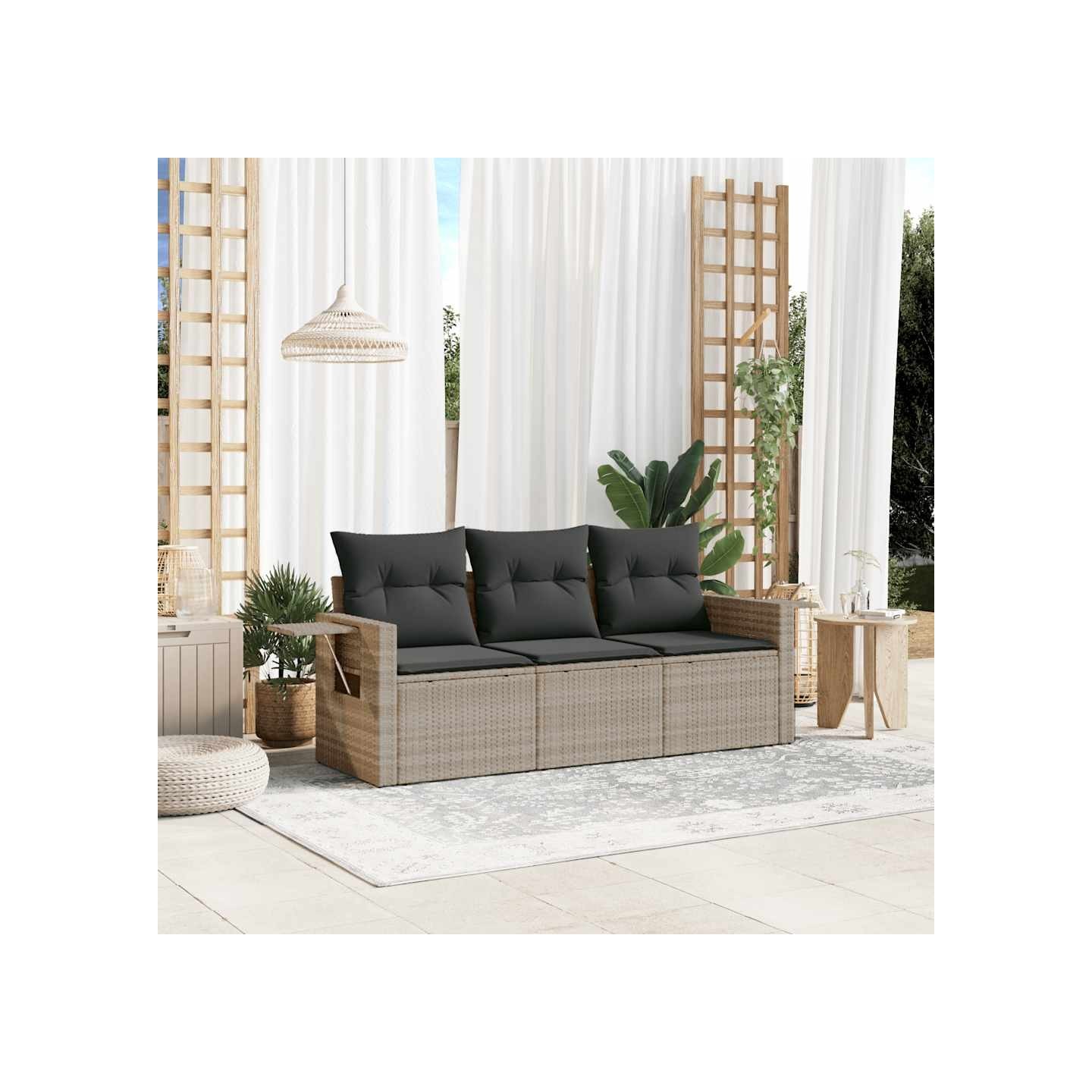 Salon de jardin avec coussins 3 pcs gris clair résine tressée
